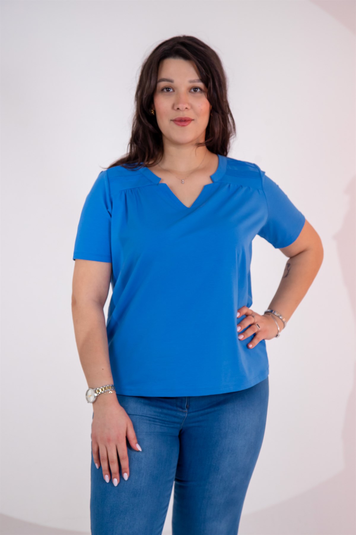 Büyük Beden 3330613 Yaka -Omuz Detaylı Bluz Mavi