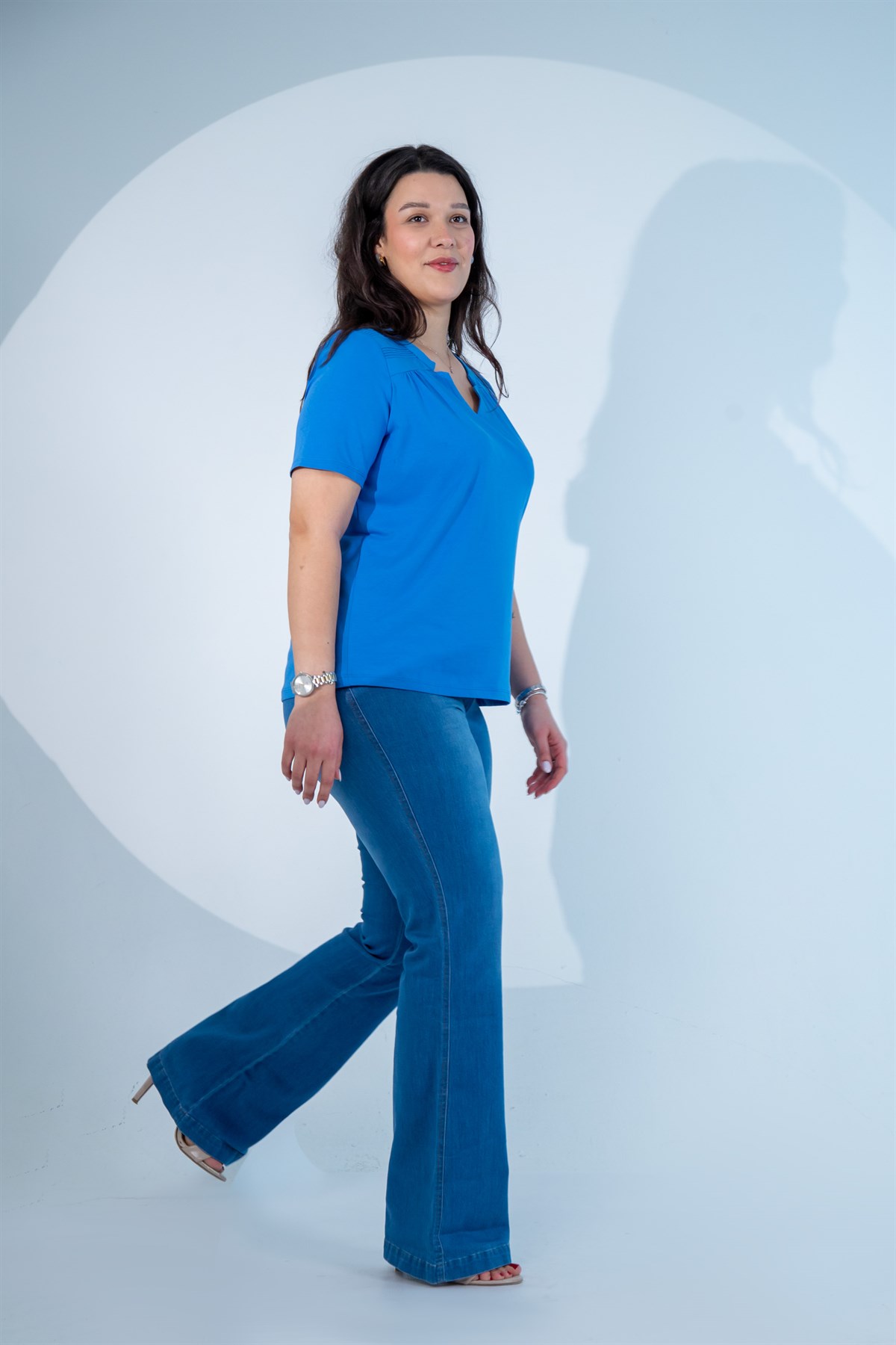 Büyük Beden 3330613 Yaka -Omuz Detaylı Bluz Mavi