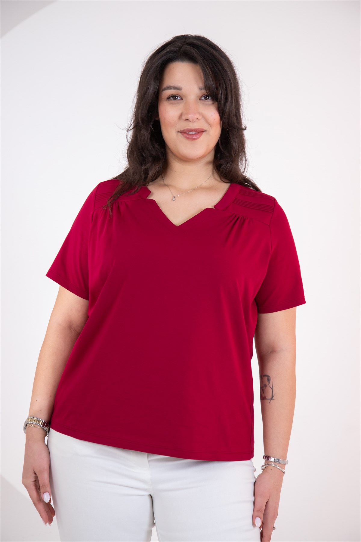 Büyük Beden 3330613 Yaka -Omuz Detaylı Bluz Bordo
