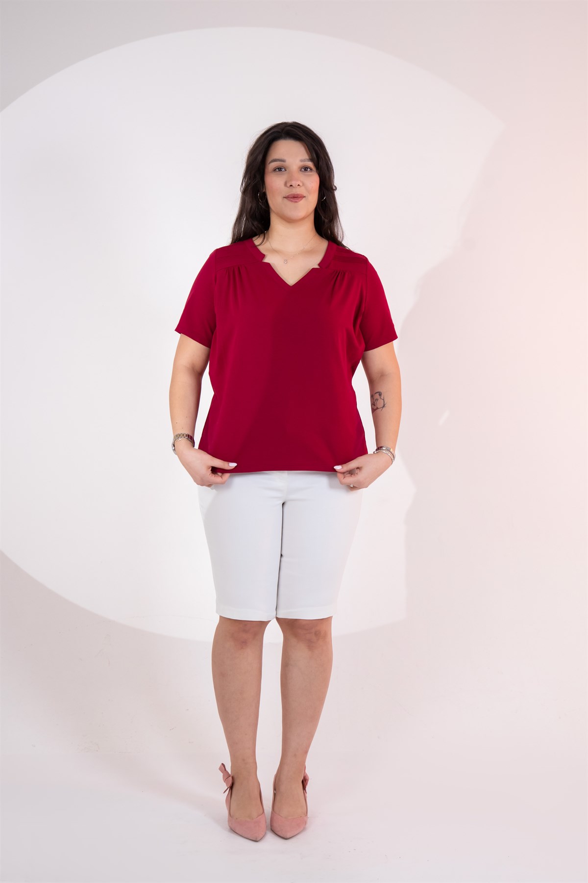 Büyük Beden 3330613 Yaka -Omuz Detaylı Bluz Bordo