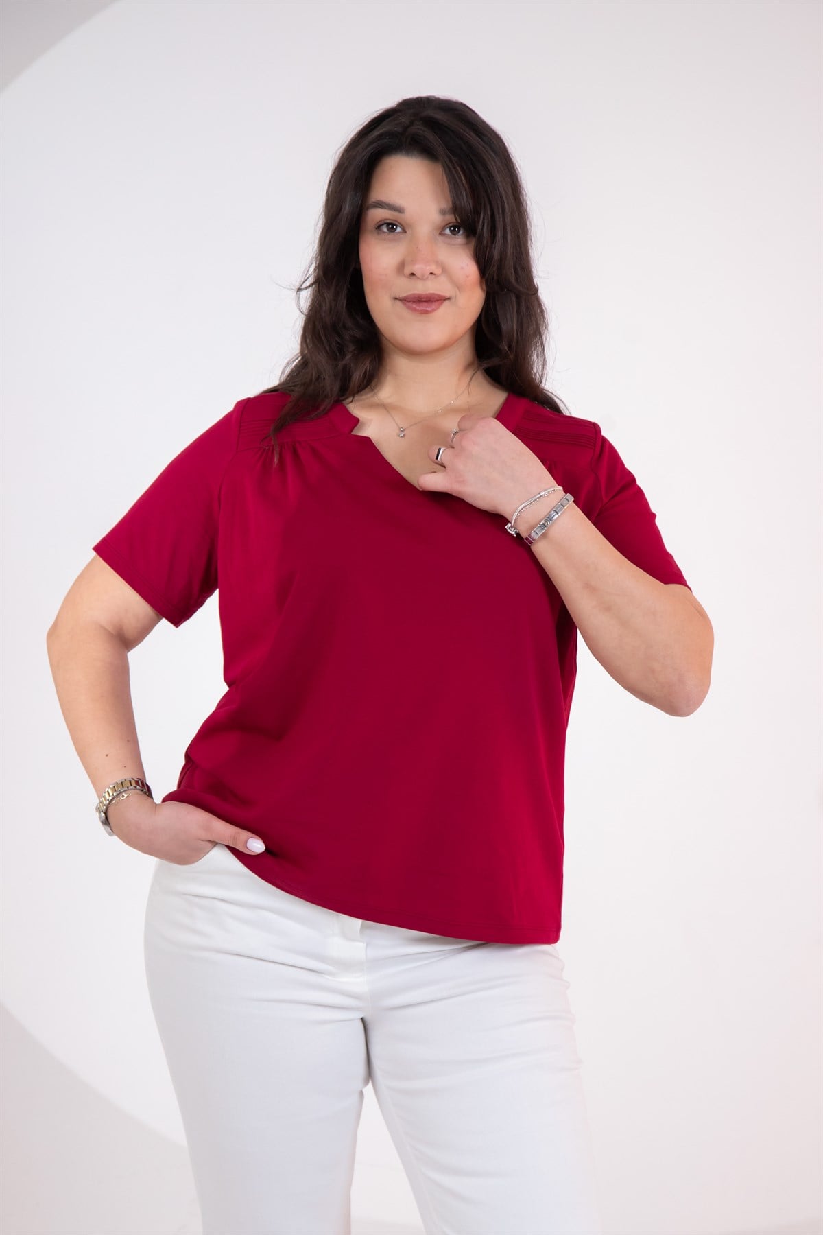 Büyük Beden 3330613 Yaka -Omuz Detaylı Bluz Bordo