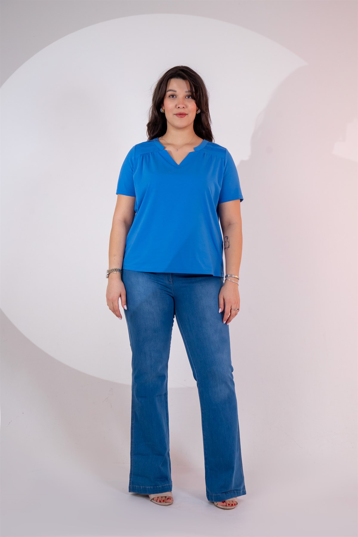 Büyük Beden 3330613 Yaka -Omuz Detaylı Bluz Mavi