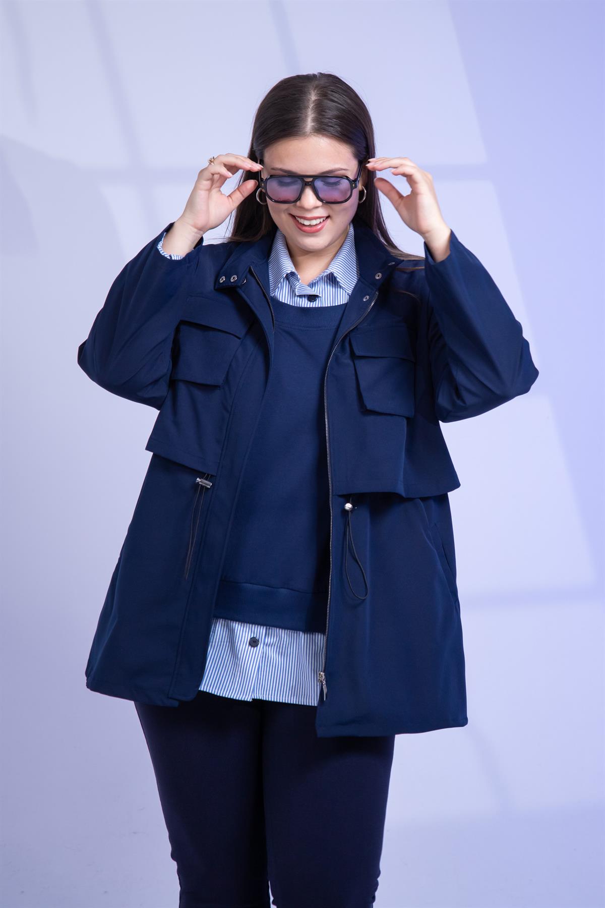 Büyük Beden 3330640 Cep Detaylı Trençkot Ceket  Lacivert