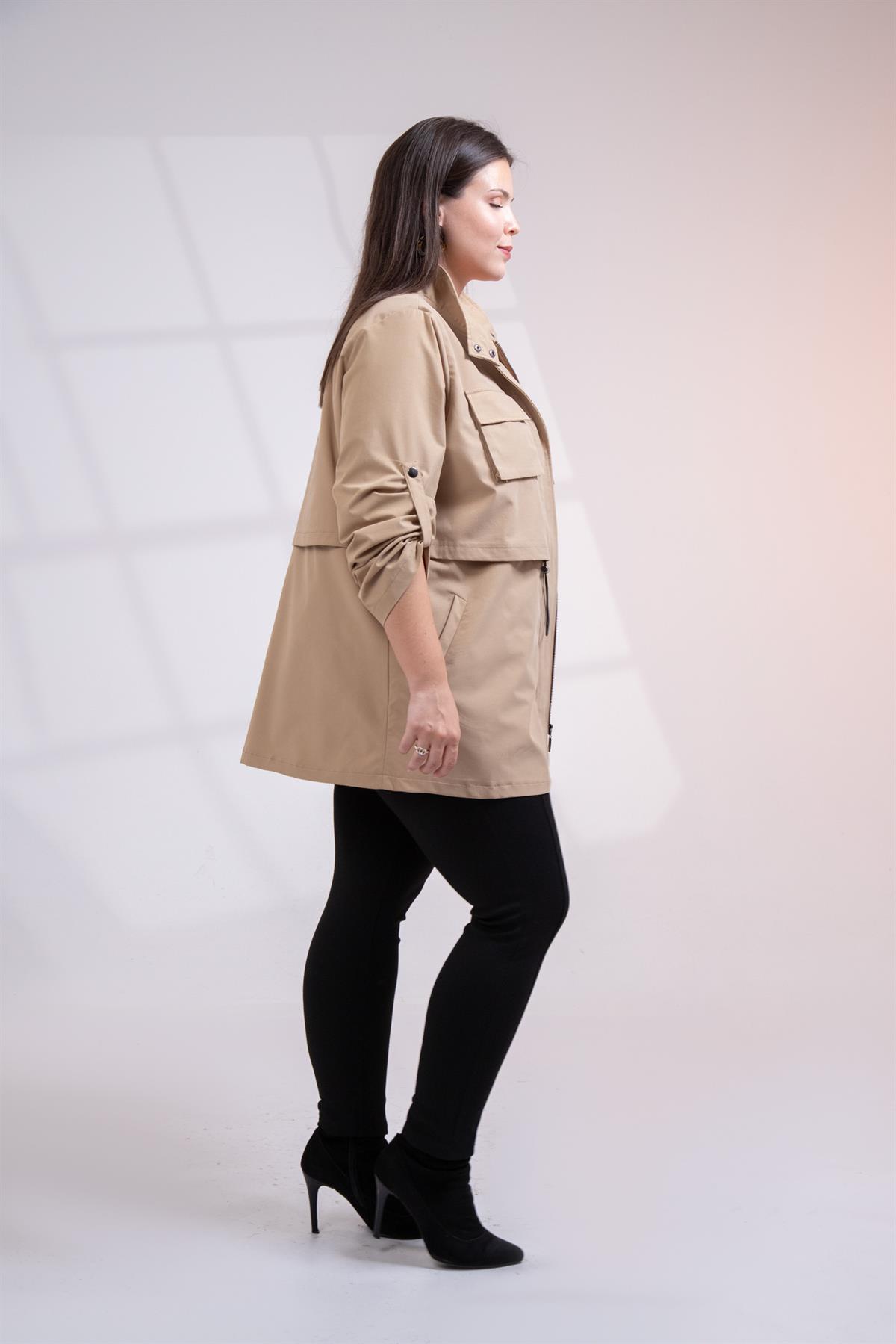 Büyük Beden 3330640 Cep Detaylı Trençkot Ceket  Camel