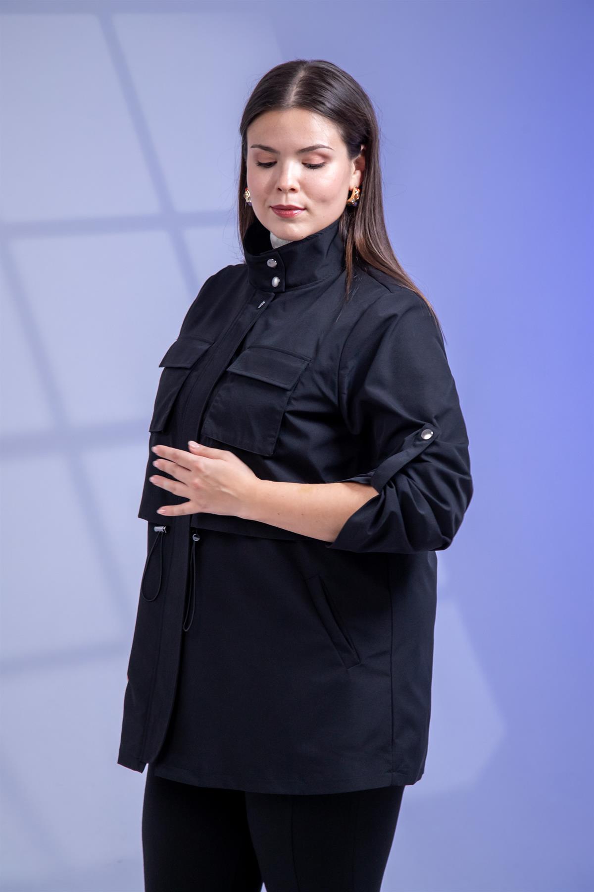 Büyük Beden 3330640 Cep Detaylı Trençkot Ceket  Siyah