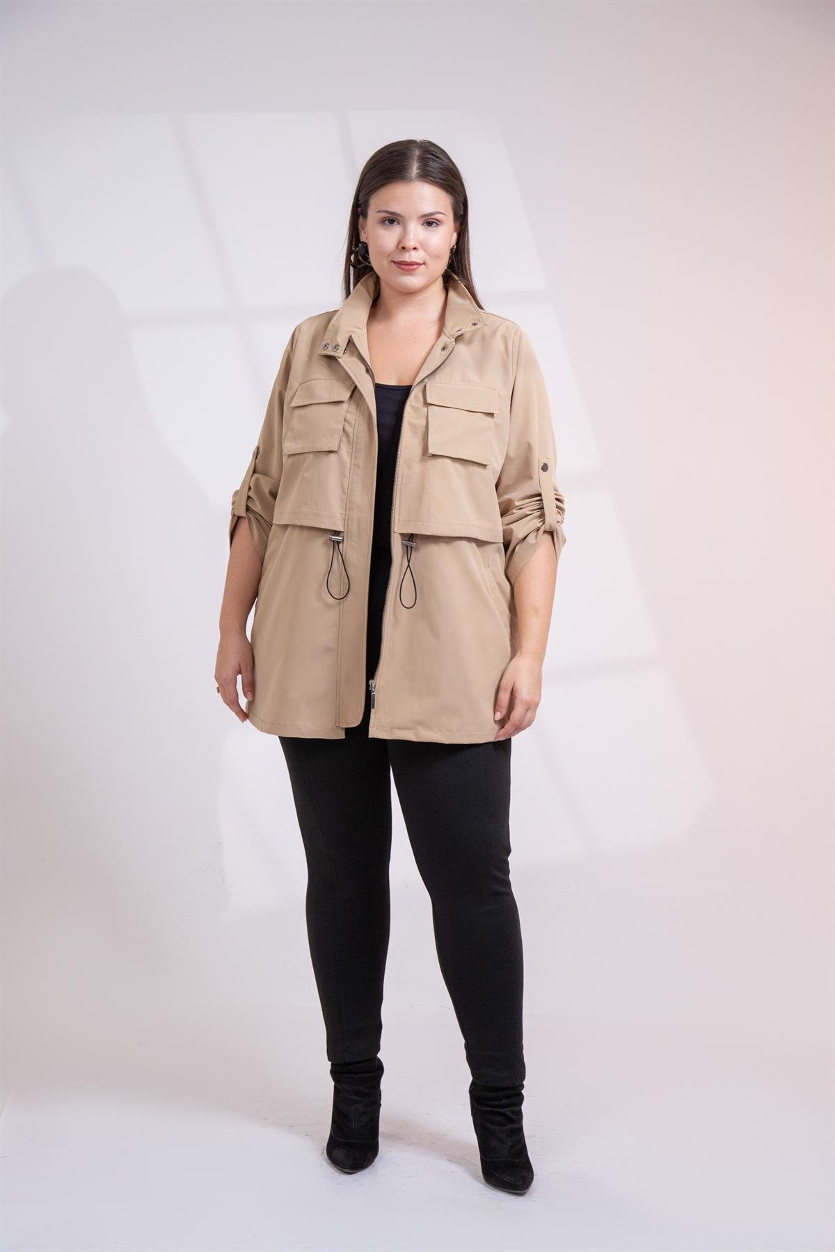 Büyük Beden 3330640 Cep Detaylı Trençkot Ceket  Camel