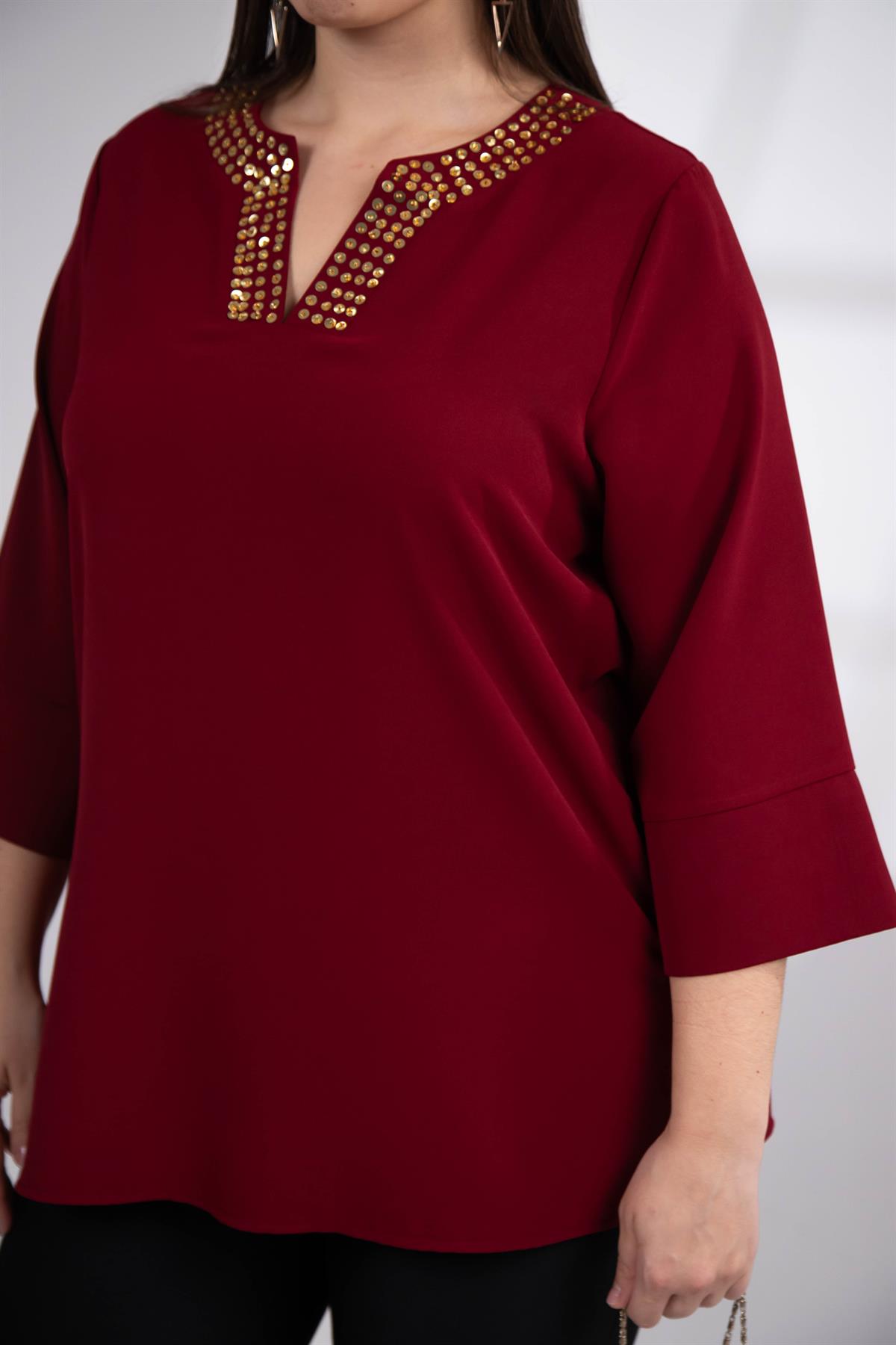 Büyük Beden 3330665 Yaka Pul İşlemeli Bluz  Bordo