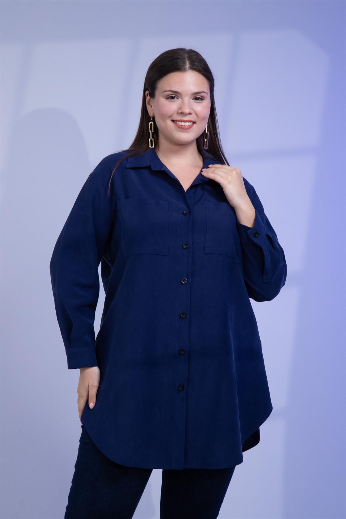 Büyük Beden 3330687 Cep Detaylı Uzun Gömlek Lacivert