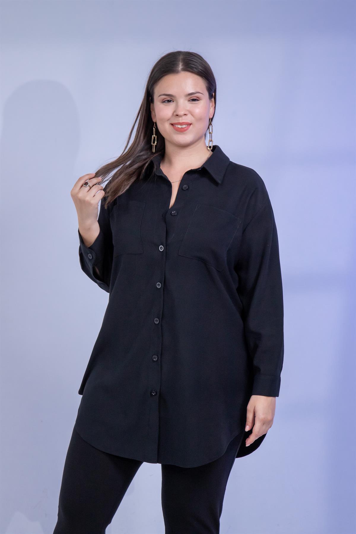 Büyük Beden 3330687 Cep Detaylı Uzun Gömlek Siyah