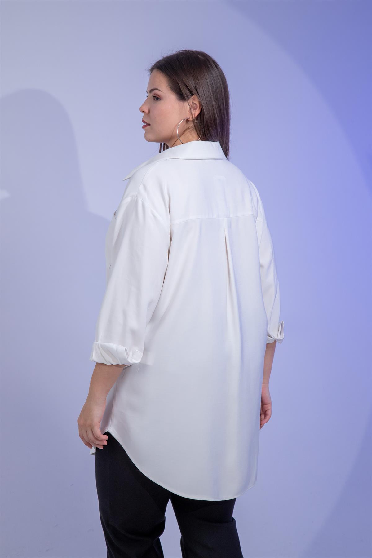 Büyük Beden 3330687 Cep Detaylı Uzun Gömlek Beyaz