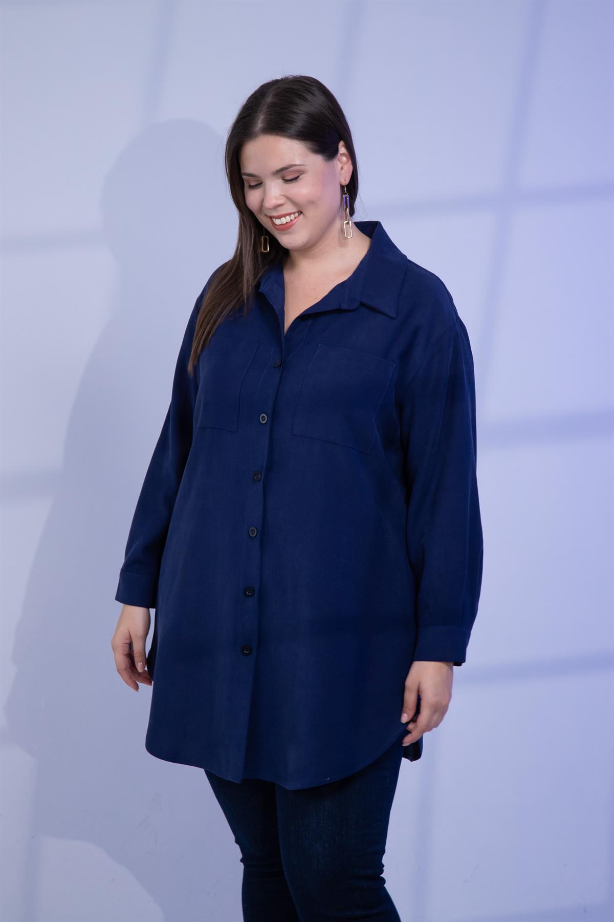 Büyük Beden 3330687 Cep Detaylı Uzun Gömlek Lacivert
