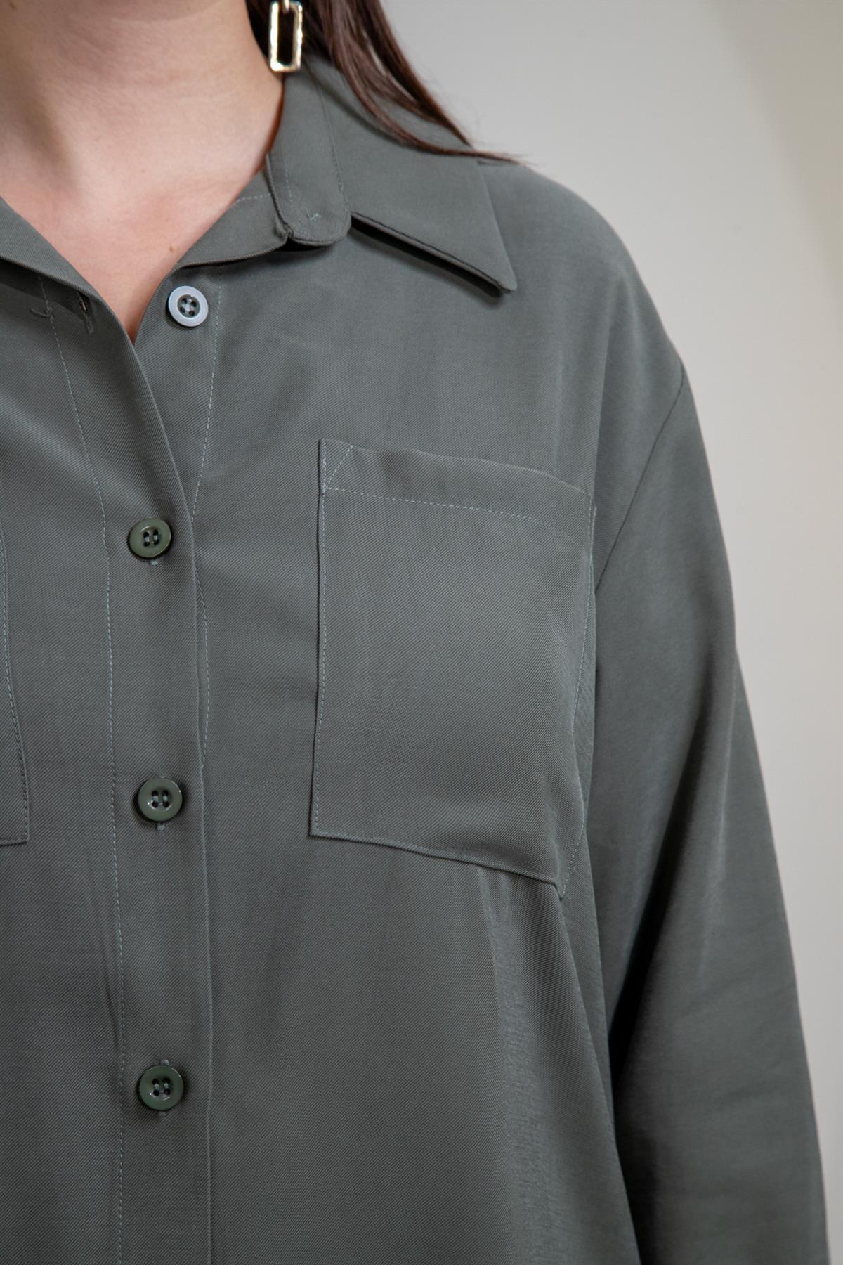 Büyük Beden 3330687 Cep Detaylı Uzun Gömlek Haki