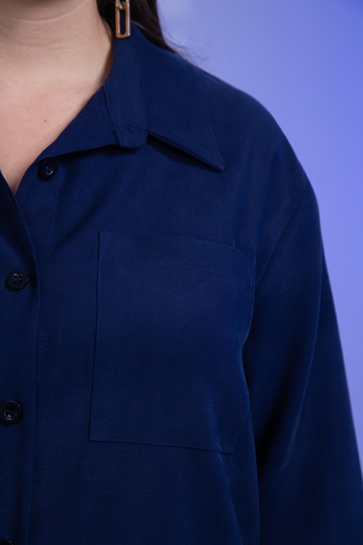 Büyük Beden 3330687 Cep Detaylı Uzun Gömlek Lacivert