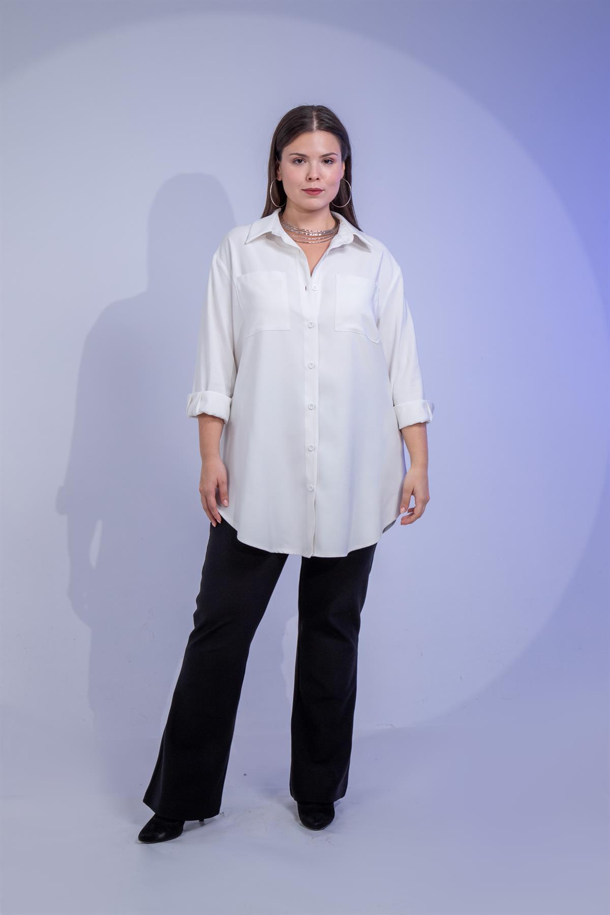 Büyük Beden 3330687 Cep Detaylı Uzun Gömlek Beyaz