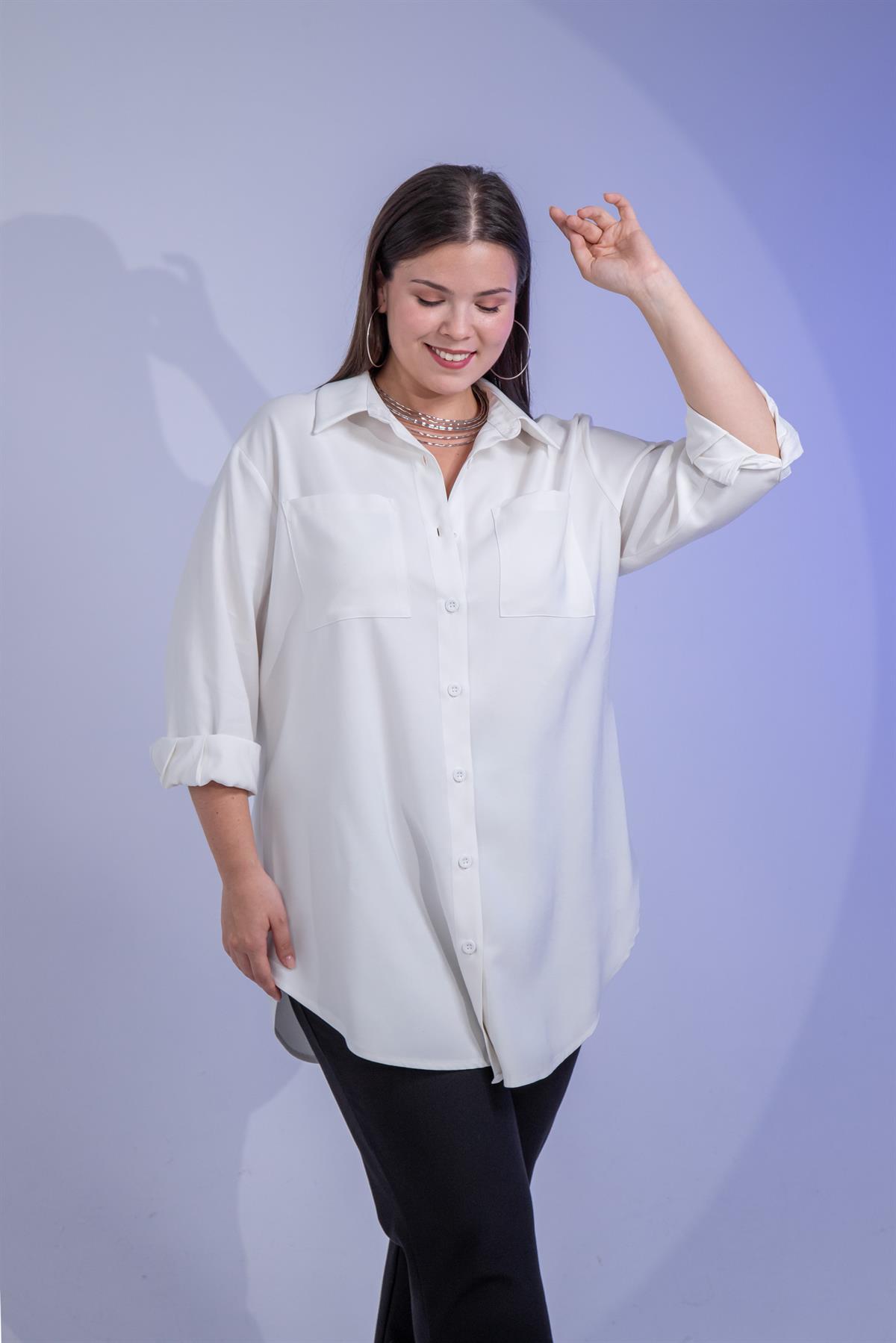 Büyük Beden 3330687 Cep Detaylı Uzun Gömlek Beyaz