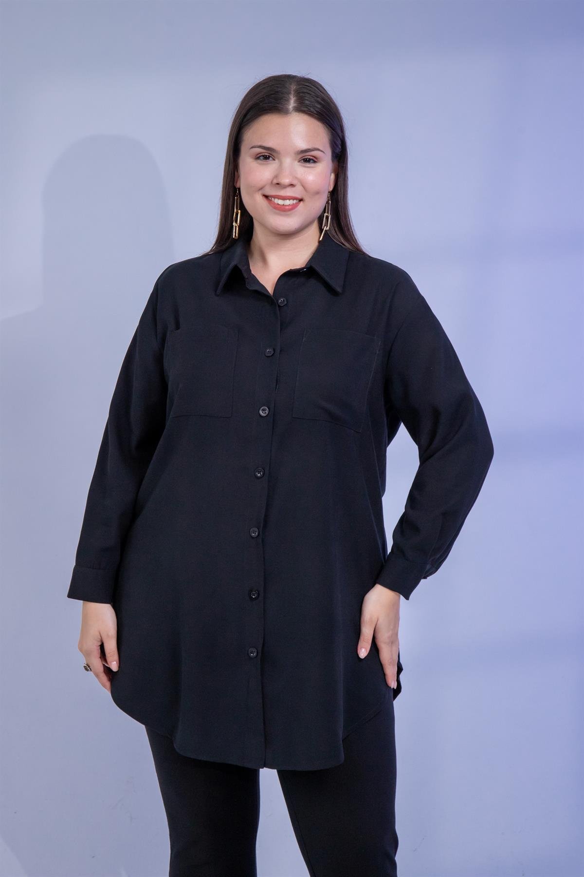 Büyük Beden 3330687 Cep Detaylı Uzun Gömlek Siyah