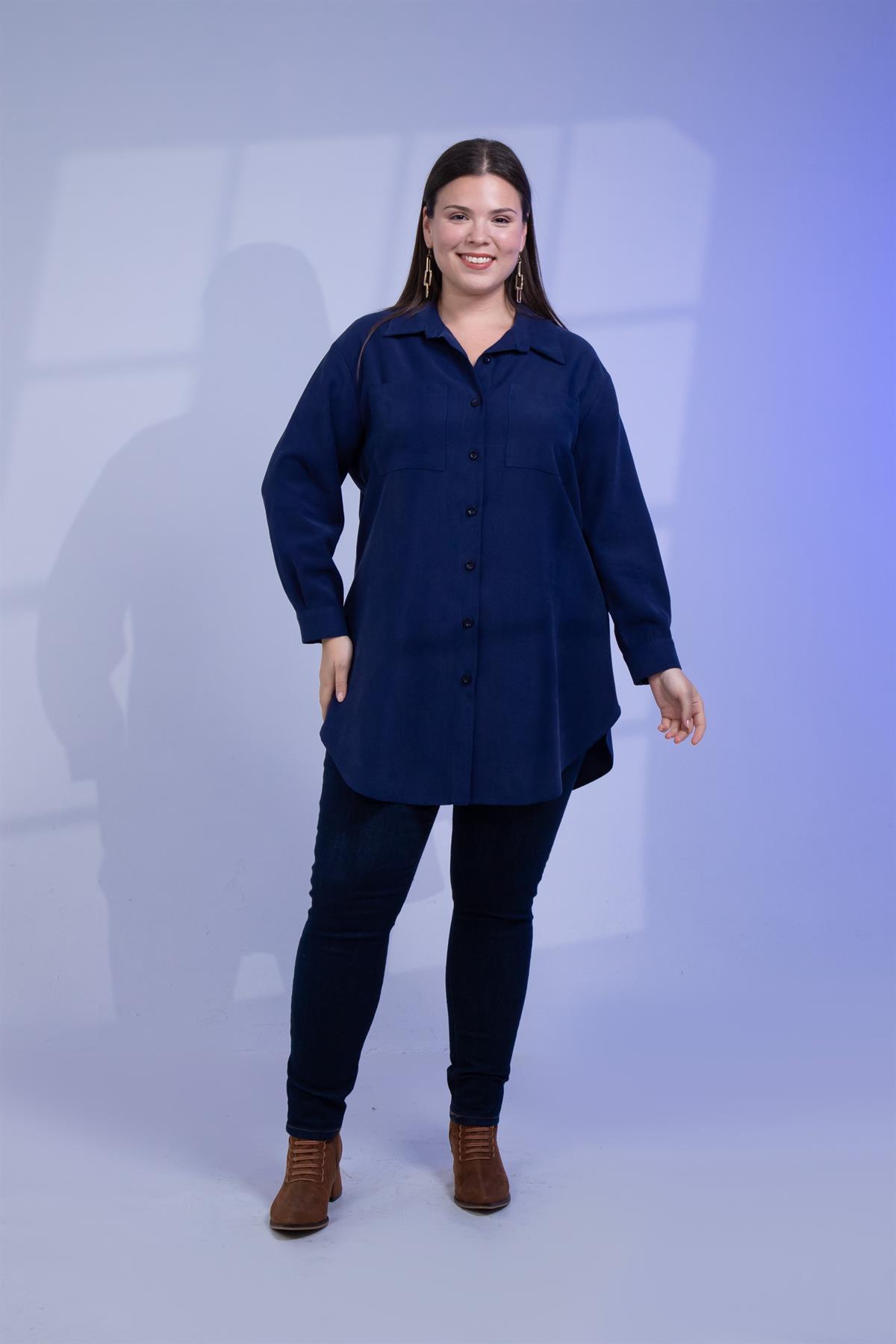 Büyük Beden 3330687 Cep Detaylı Uzun Gömlek Lacivert