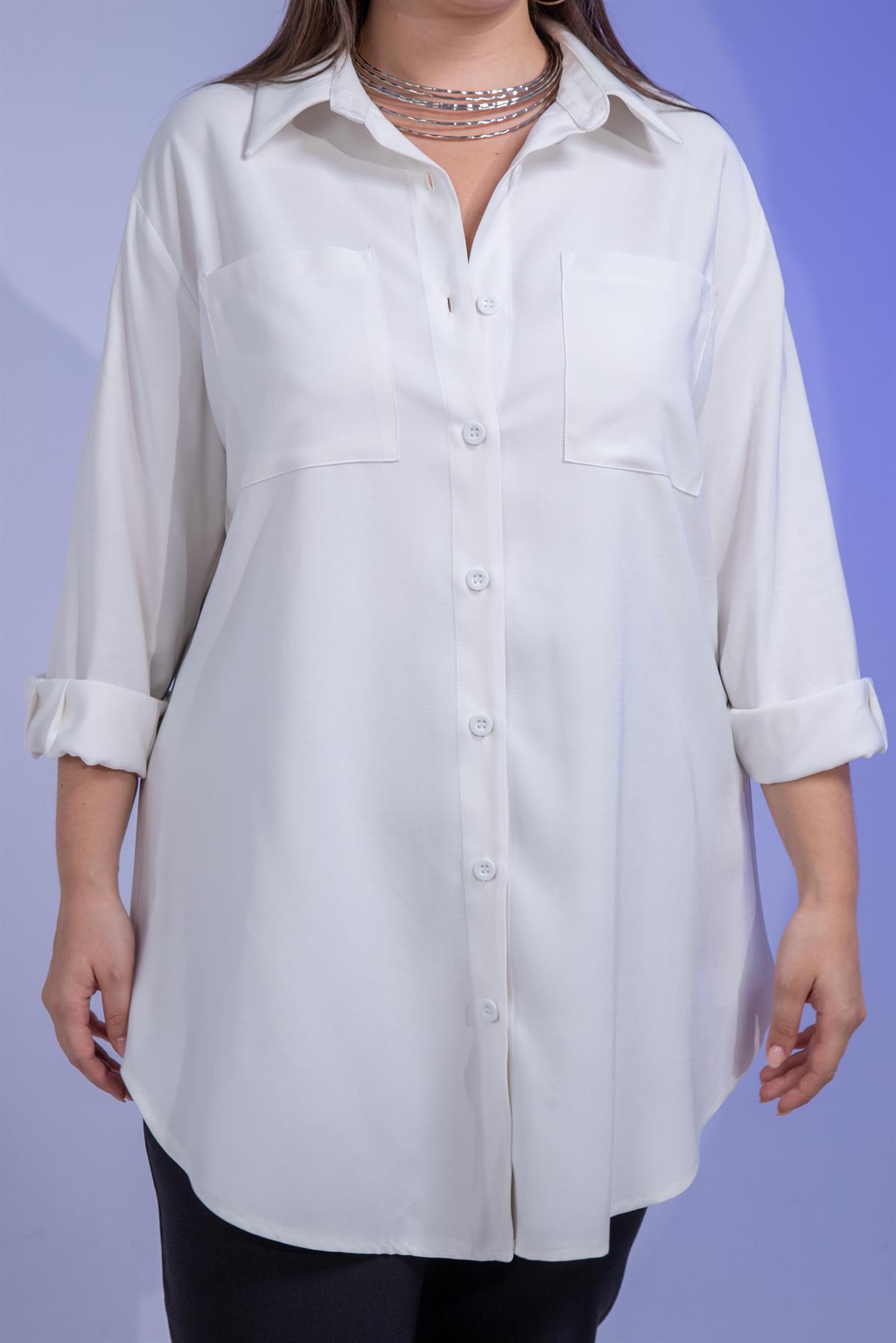 Büyük Beden 3330687 Cep Detaylı Uzun Gömlek Beyaz