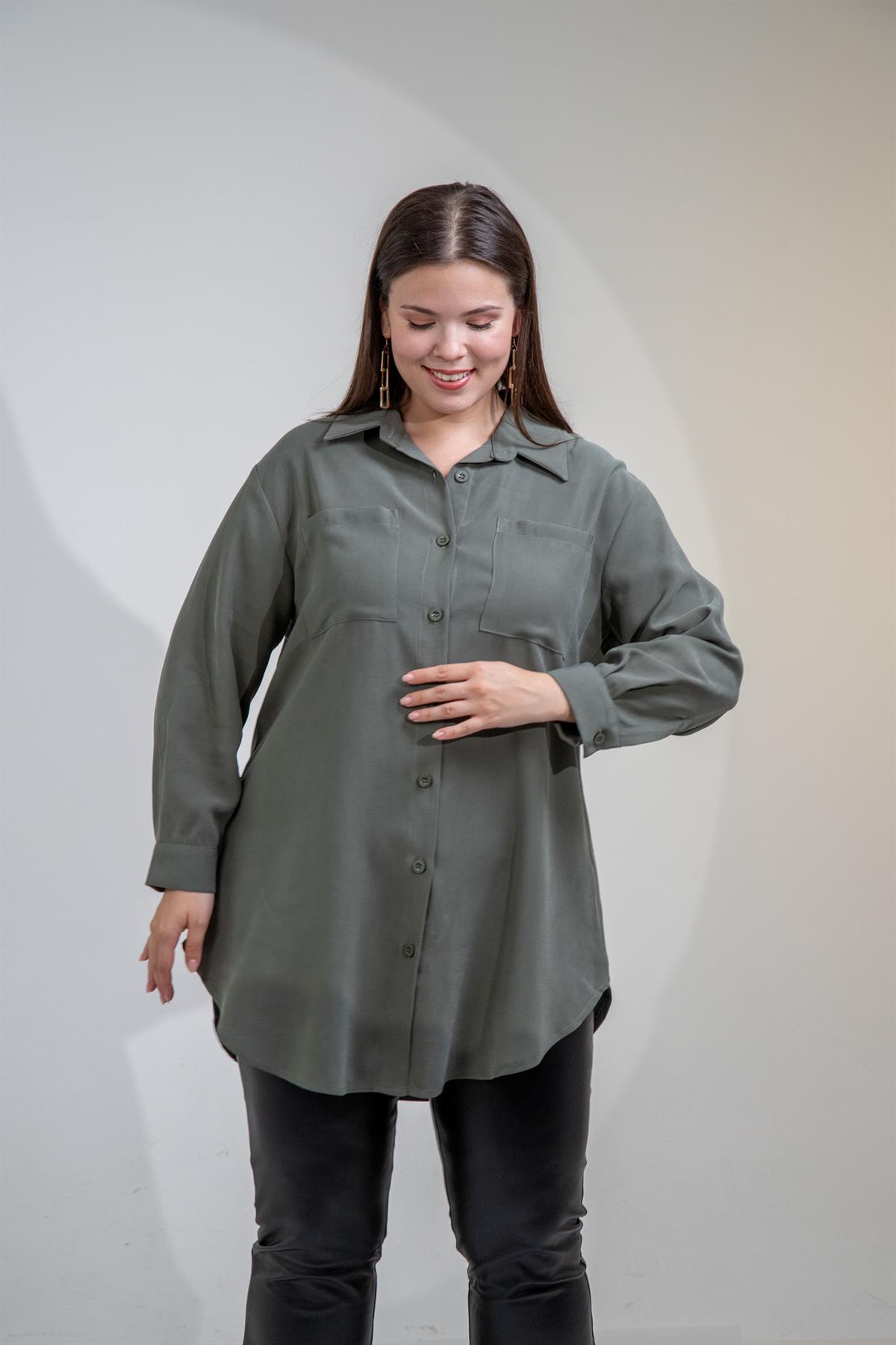 Büyük Beden 3330687 Cep Detaylı Uzun Gömlek Haki