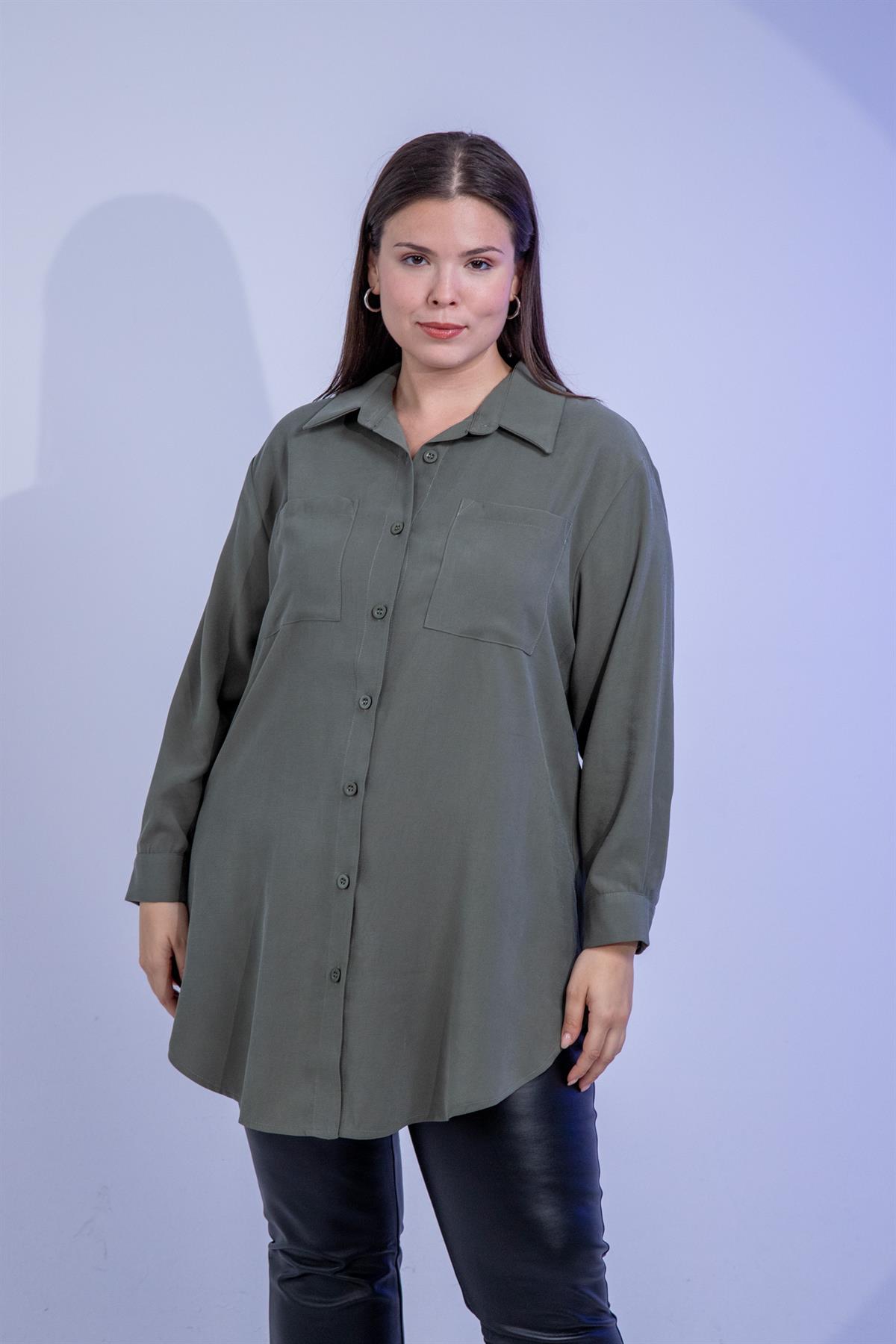 Büyük Beden 3330687 Cep Detaylı Uzun Gömlek Haki