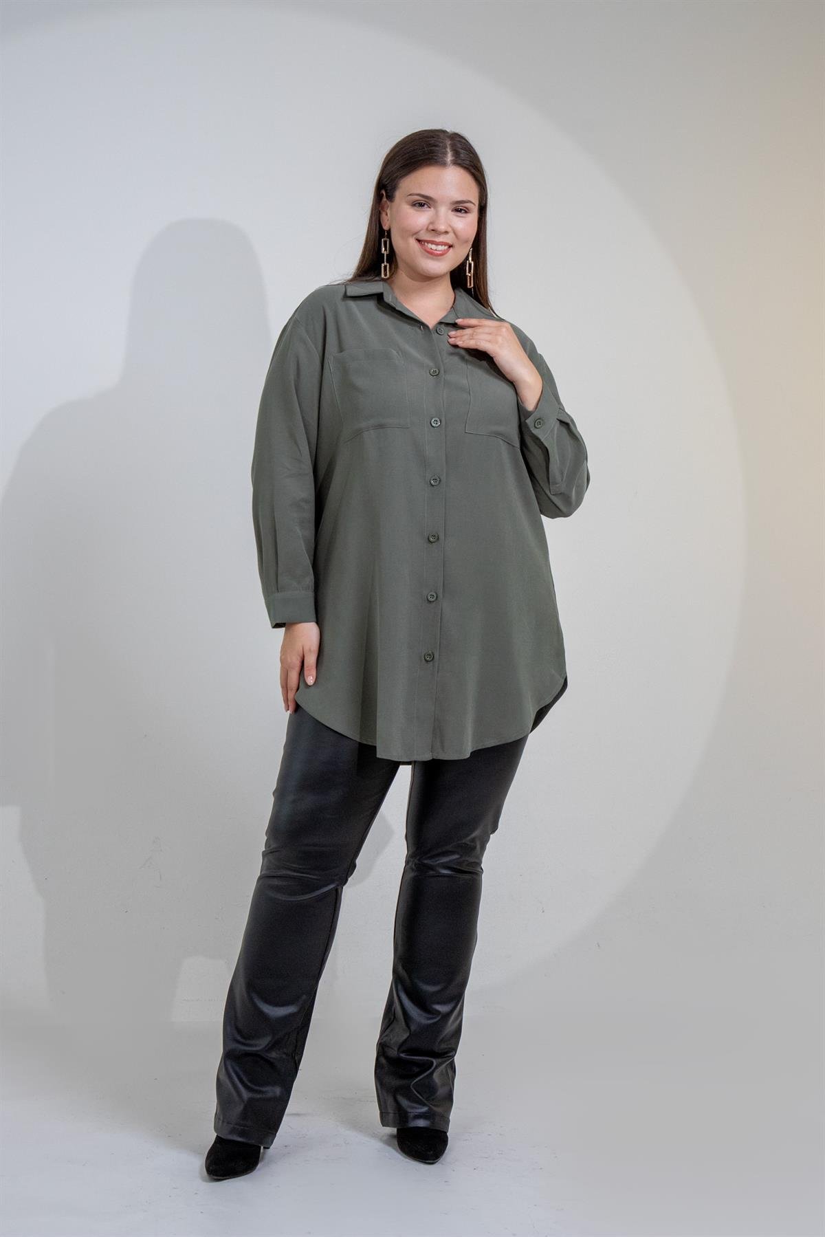 Büyük Beden 3330687 Cep Detaylı Uzun Gömlek Haki