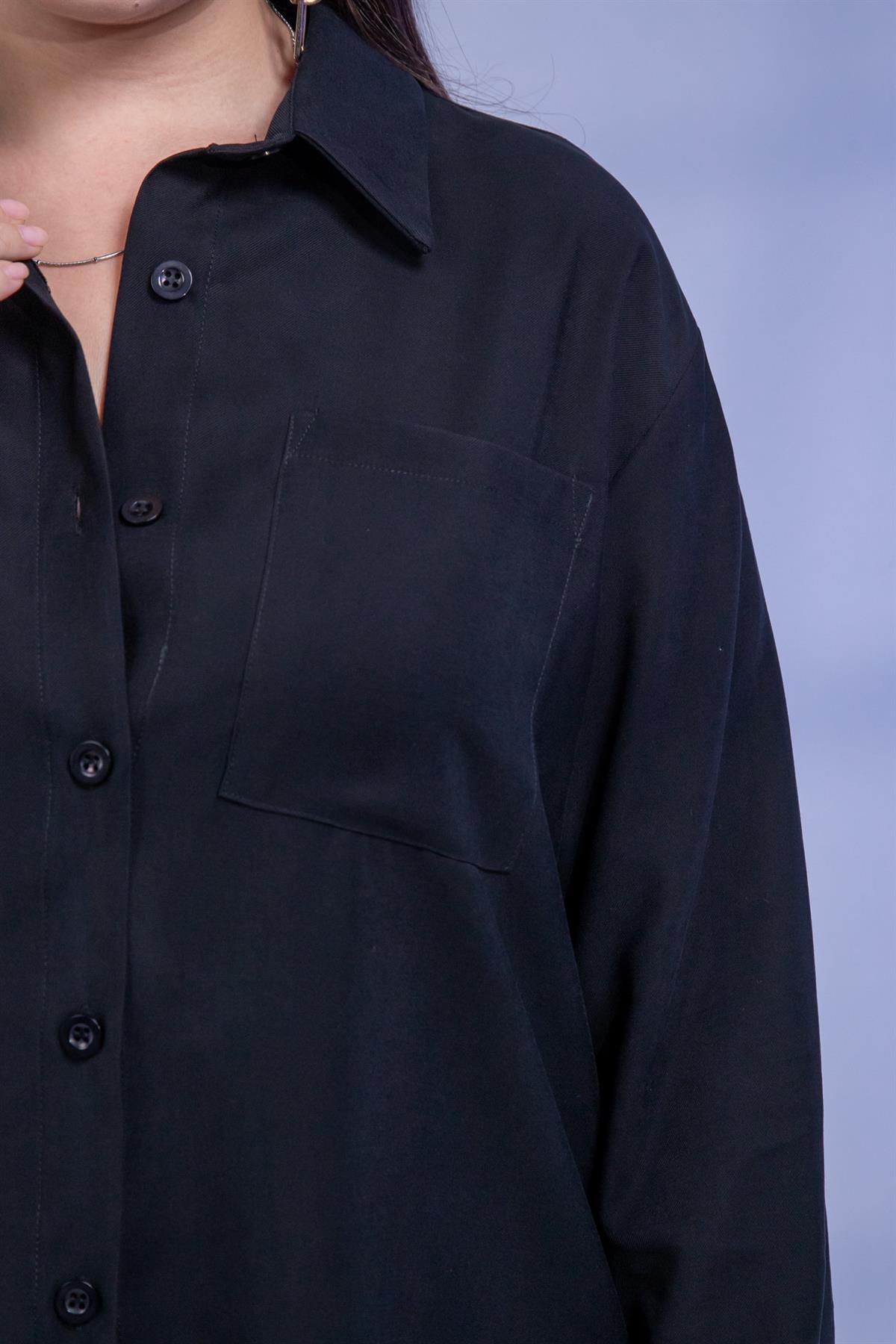 Büyük Beden 3330687 Cep Detaylı Uzun Gömlek Siyah