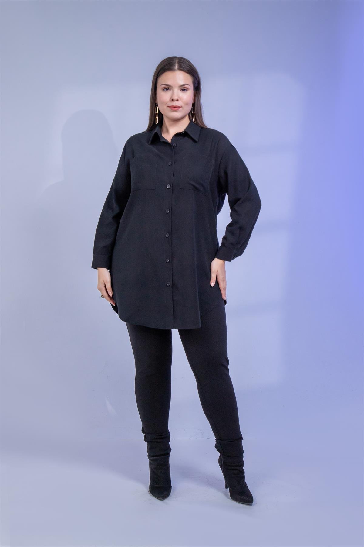 Büyük Beden 3330687 Cep Detaylı Uzun Gömlek Siyah