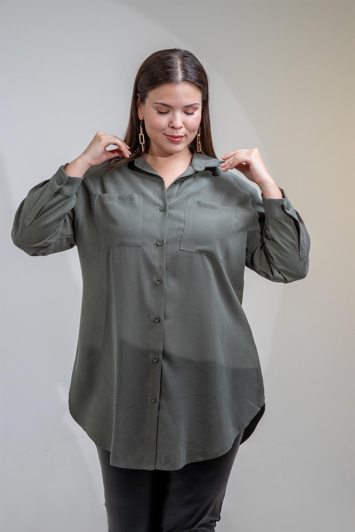 Büyük Beden 3330687 Cep Detaylı Uzun Gömlek Haki