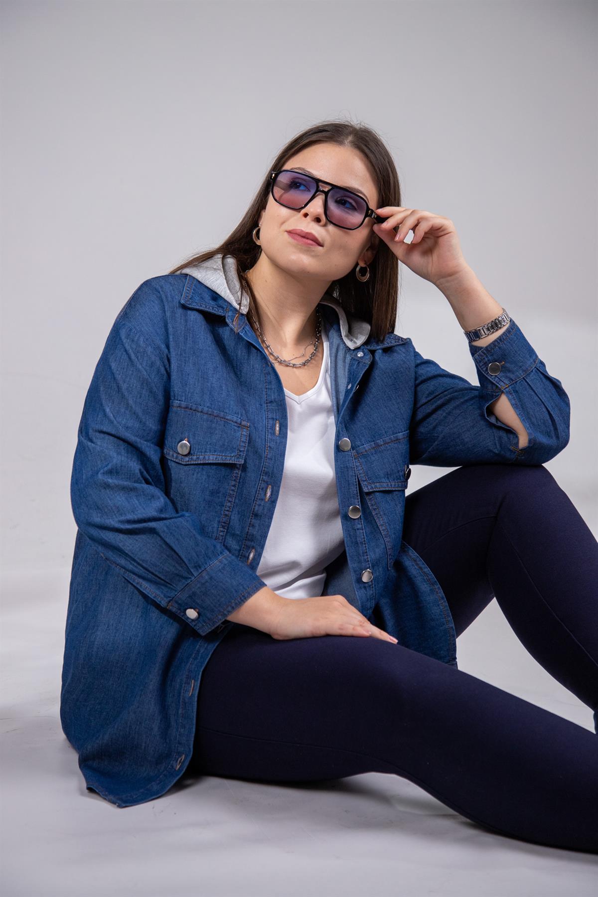 Büyük Beden 3330694 Kapüşonlu Denim Gömlek Lacivert