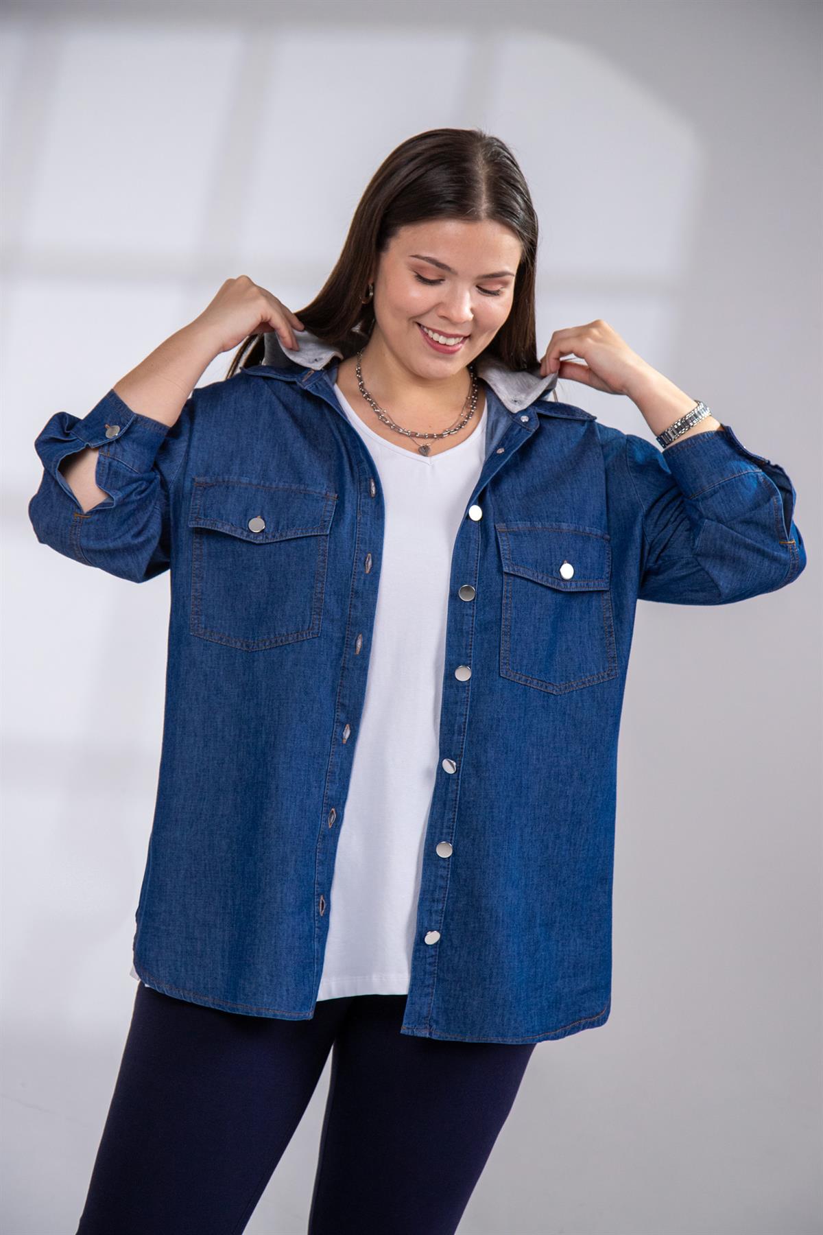 Büyük Beden 3330694 Kapüşonlu Denim Gömlek Lacivert