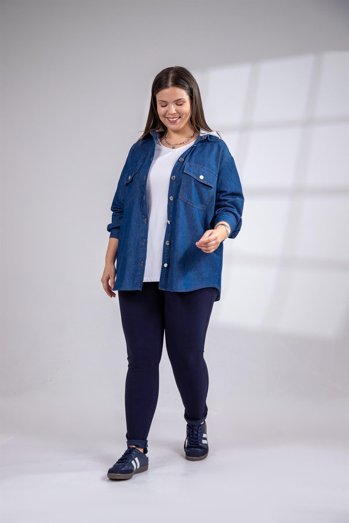 Büyük Beden 3330694 Kapüşonlu Denim Gömlek Lacivert