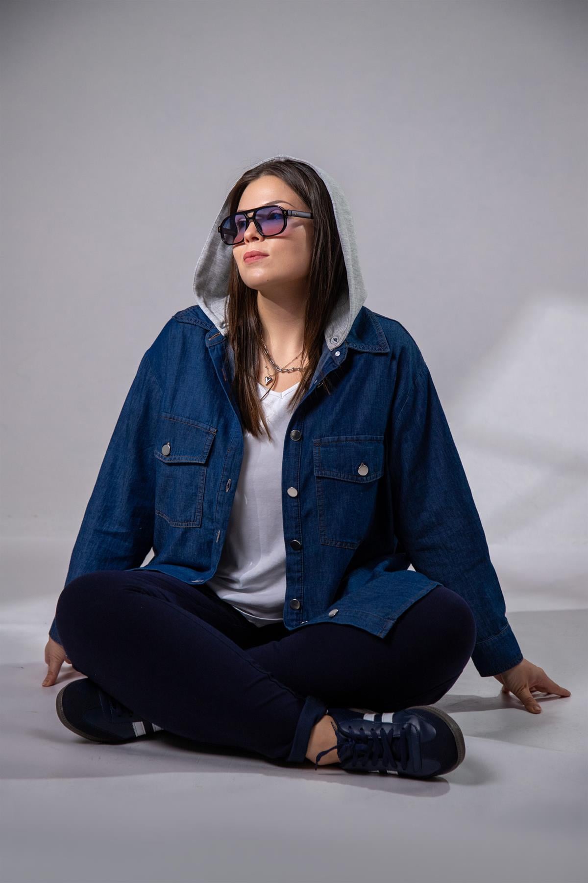 Büyük Beden 3330694 Kapüşonlu Denim Gömlek Lacivert