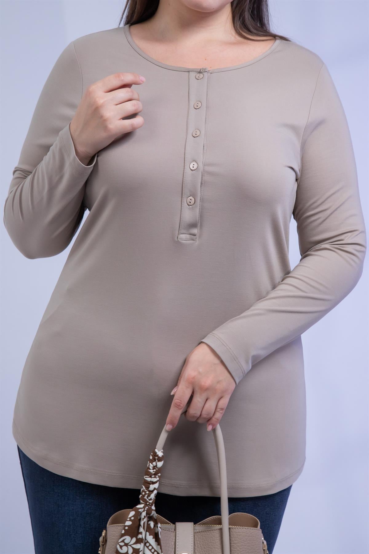Büyük Beden 3330715 Düğme Detaylı Bluz  Bej