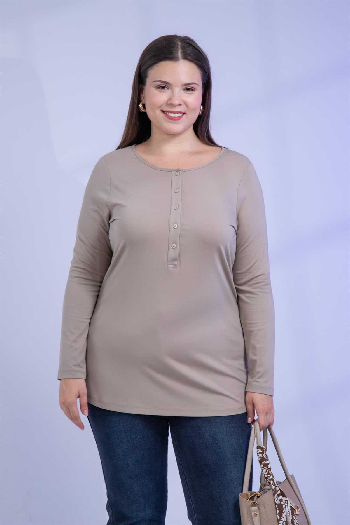 Büyük Beden 3330715 Düğme Detaylı Bluz  Bej