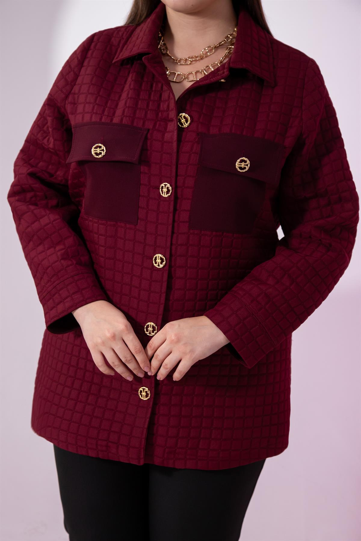 Büyük Beden 3330725 Düğme Detaylı Kapitone Ceket Bordo