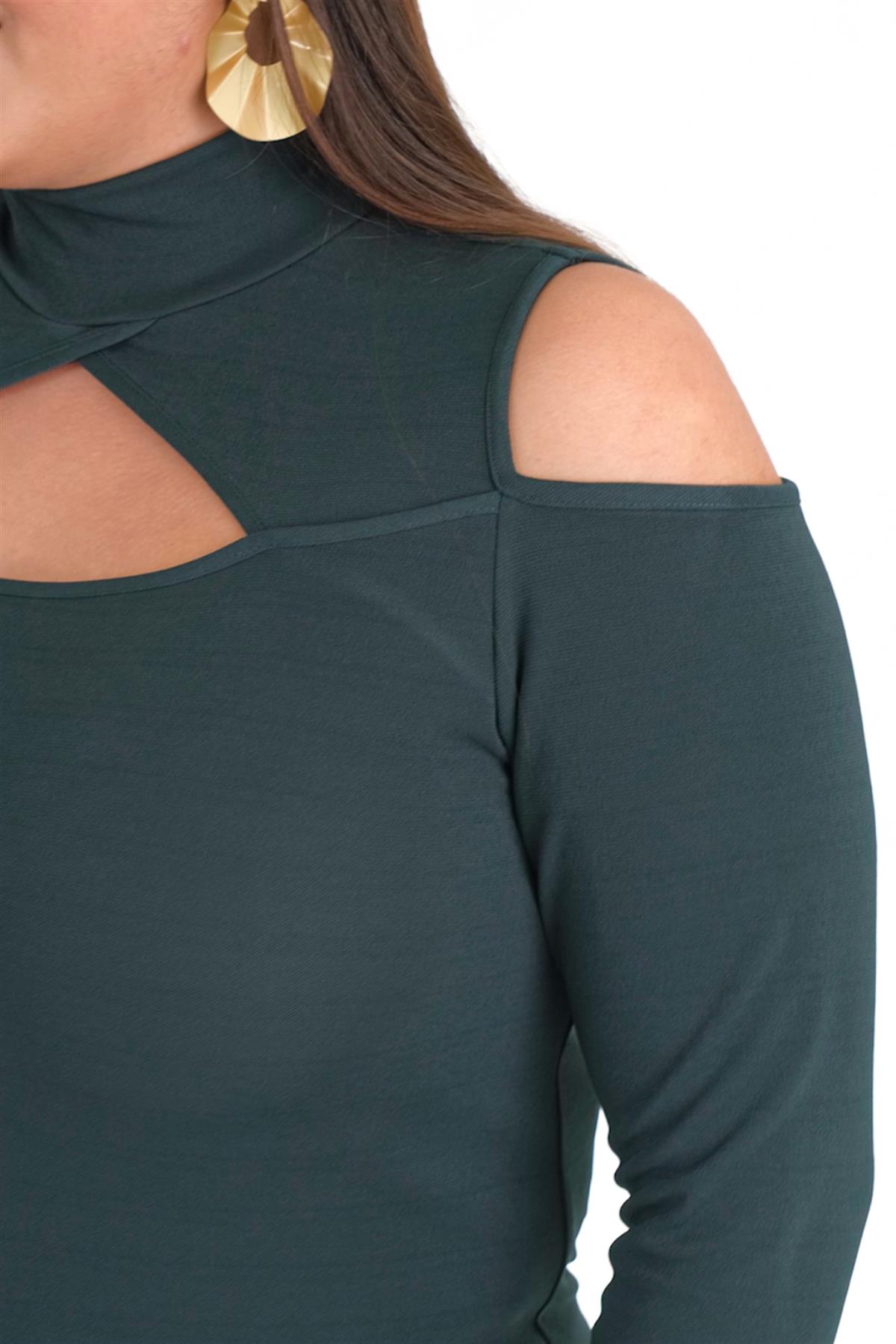 Büyük Beden 333073 Dik Yaka Omuzu Açık Bluz  Yeşil