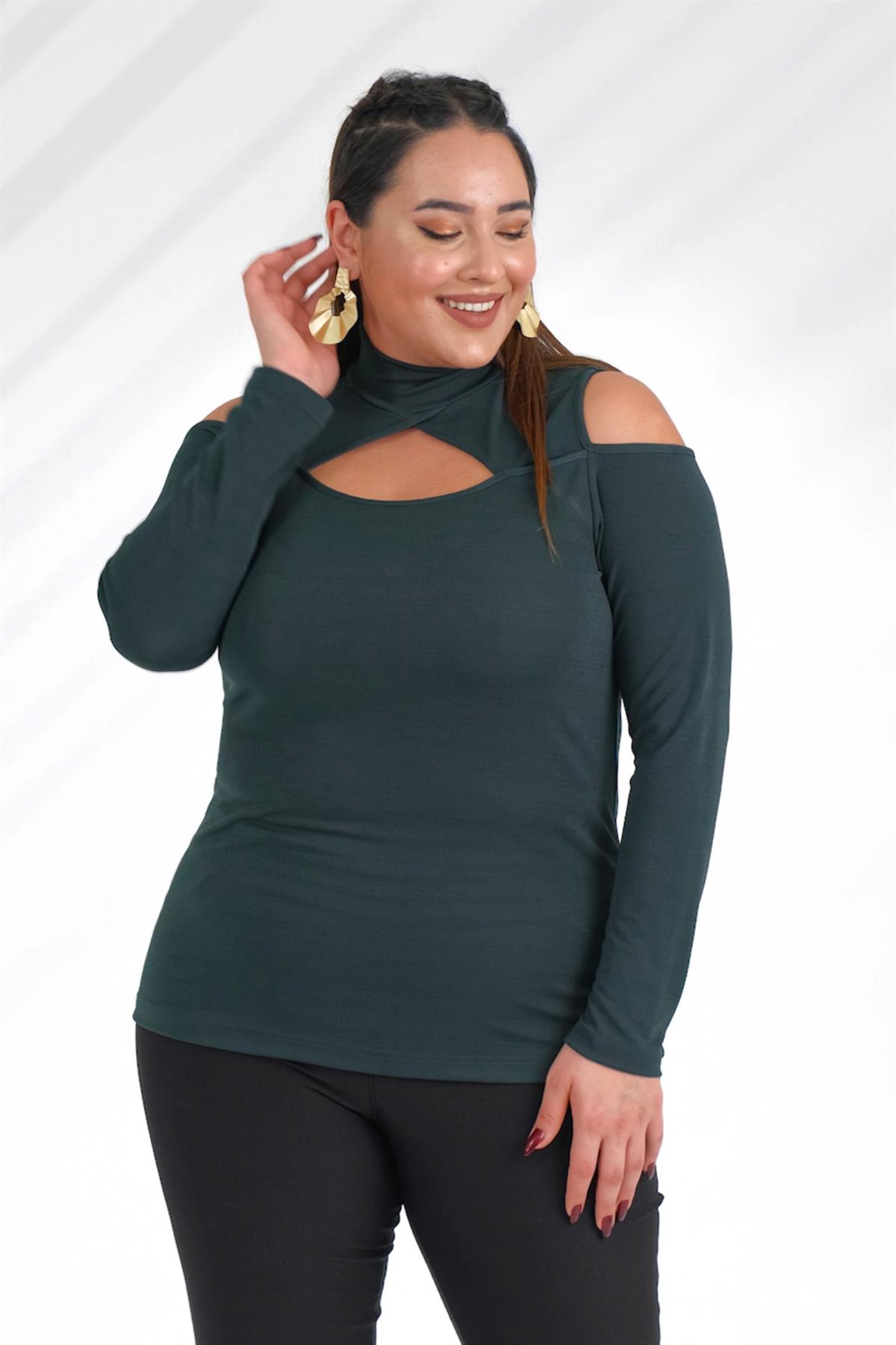 Büyük Beden 333073 Dik Yaka Omuzu Açık Bluz  Yeşil