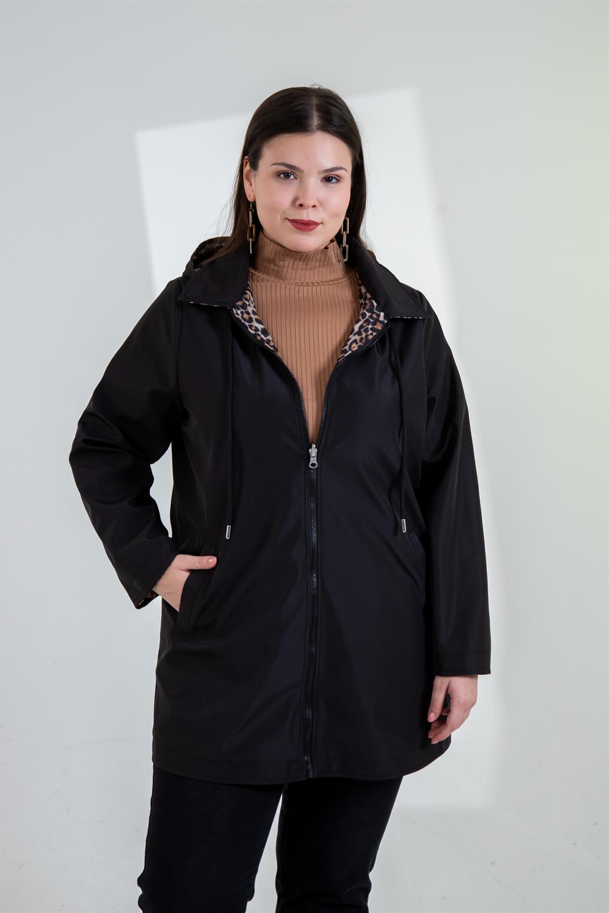 Büyük Beden 3330742 Çift Taraflı Leoparlı Mont Siyah