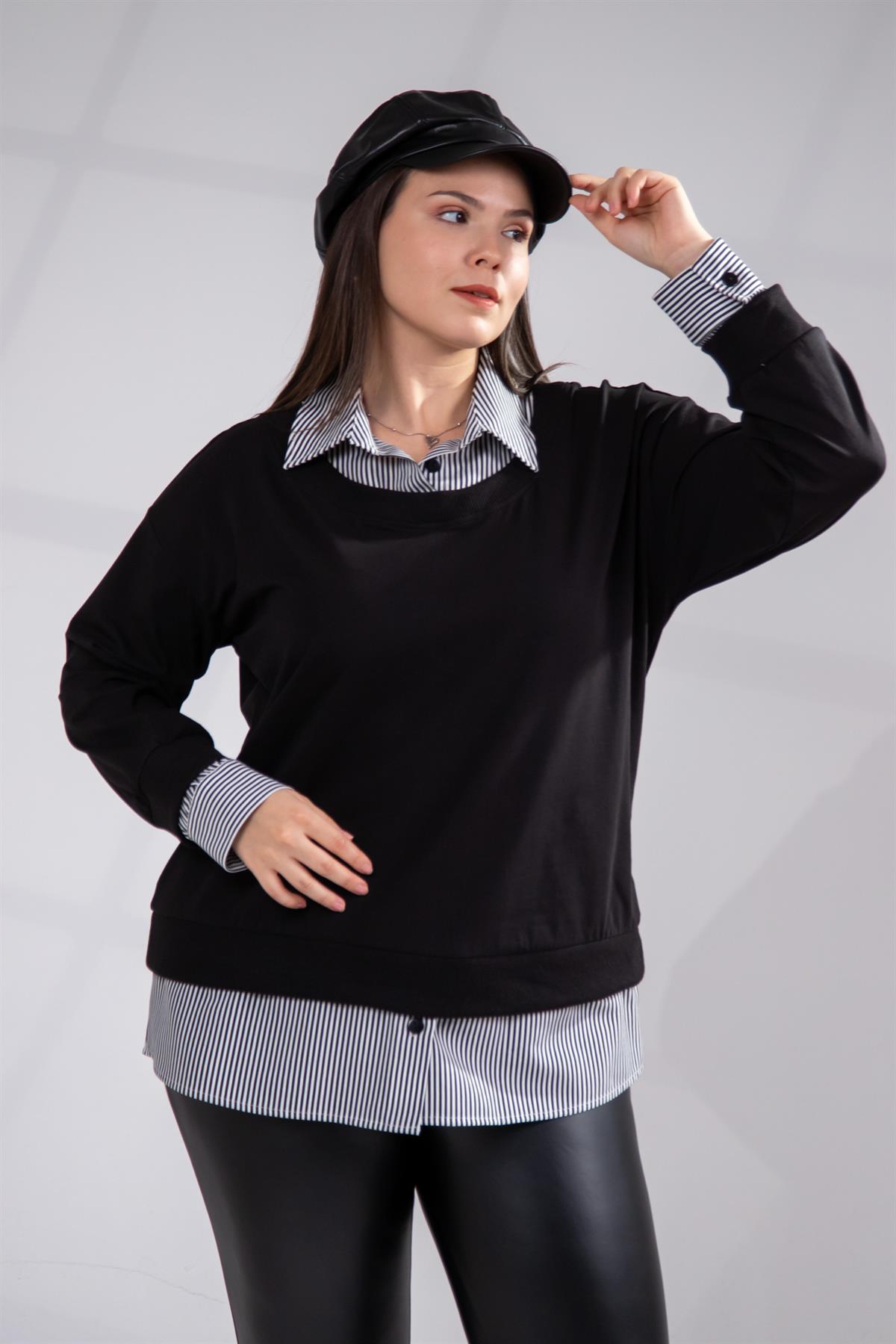 Büyük Beden 3330743 Gömlek Detaylı Sweat Siyah