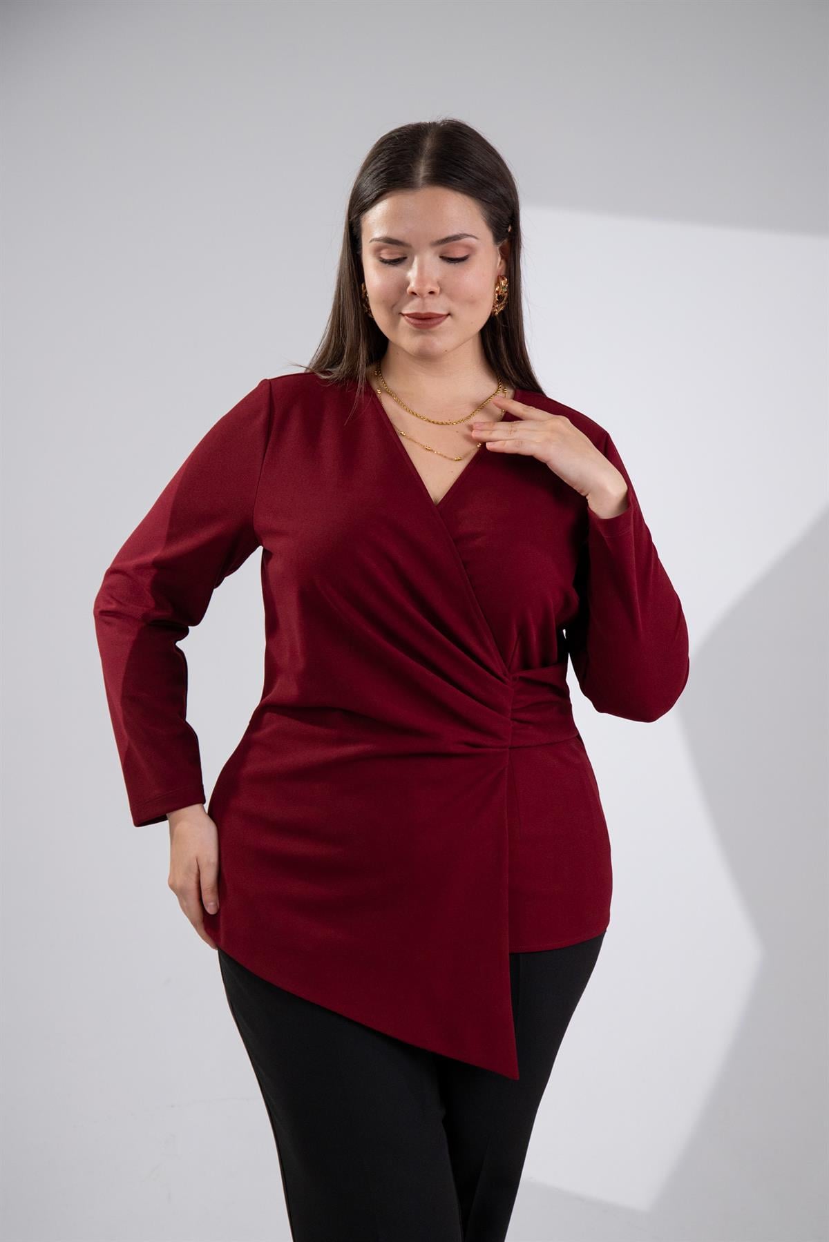 Büyük Beden 3330764 Kruvaze Detaylı Bluz Bordo