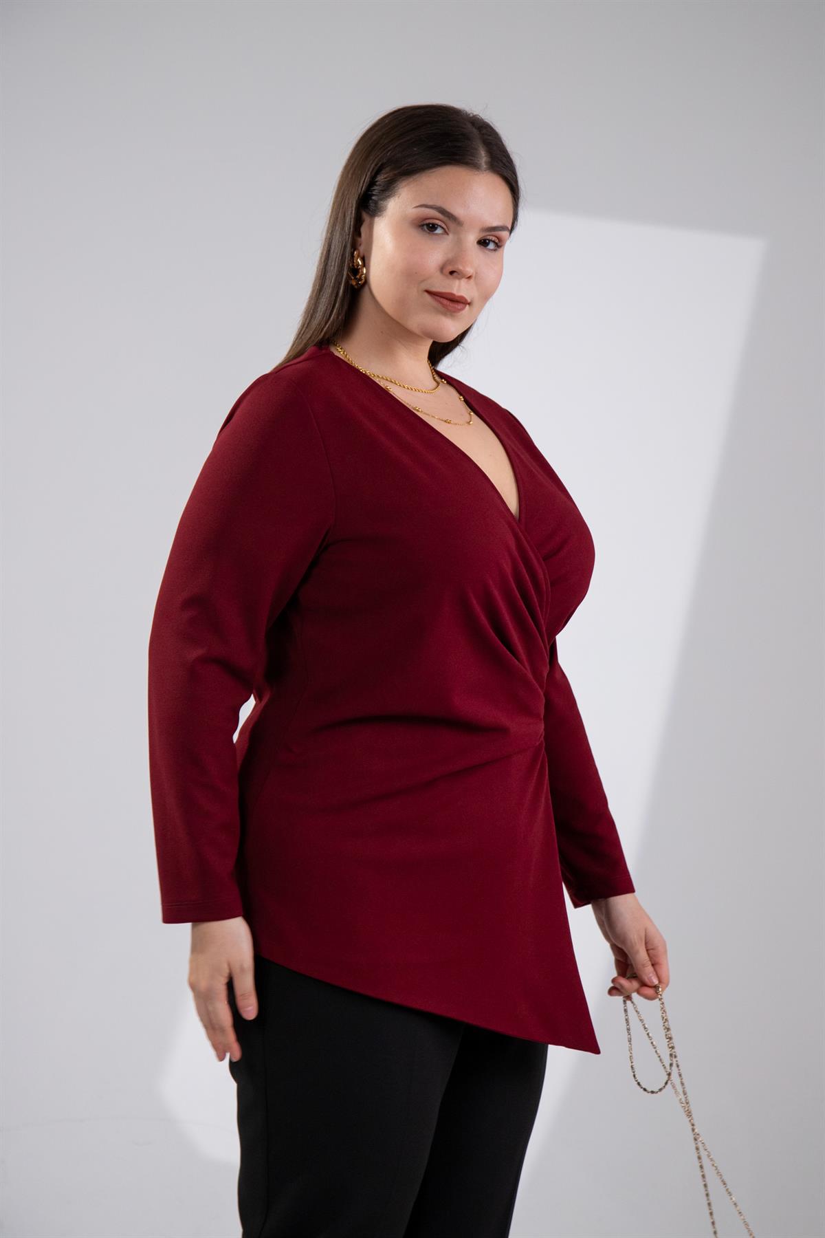Büyük Beden 3330764 Kruvaze Detaylı Bluz Bordo