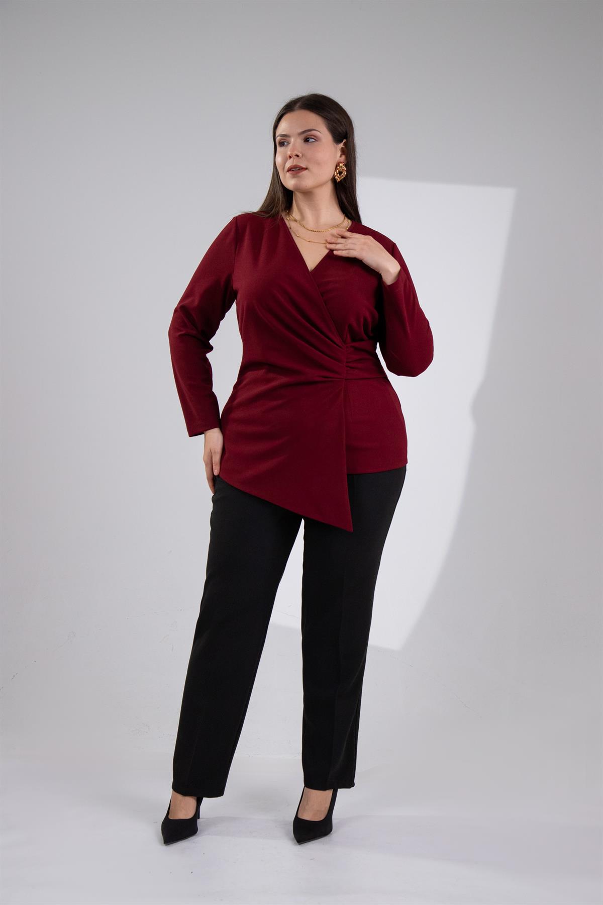 Büyük Beden 3330764 Kruvaze Detaylı Bluz Bordo