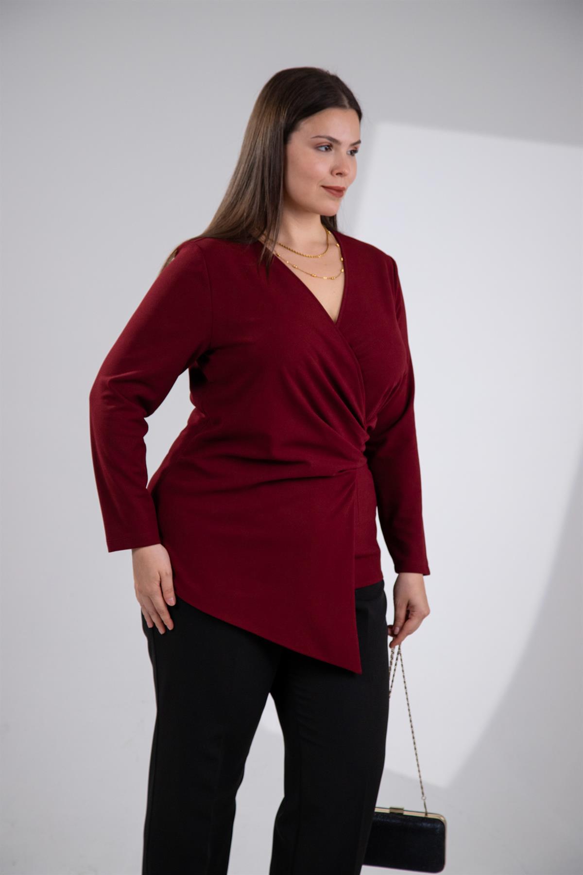 Büyük Beden 3330764 Kruvaze Detaylı Bluz Bordo