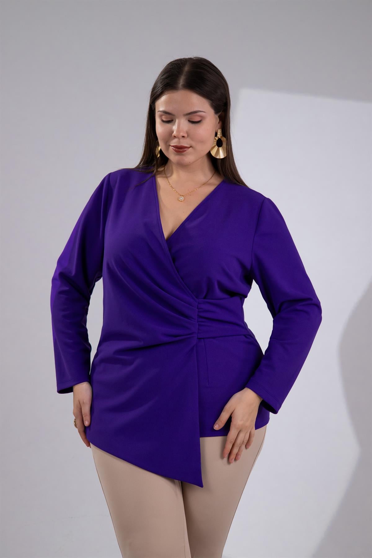 Büyük Beden 3330764 Kruvaze Detaylı Bluz Lila
