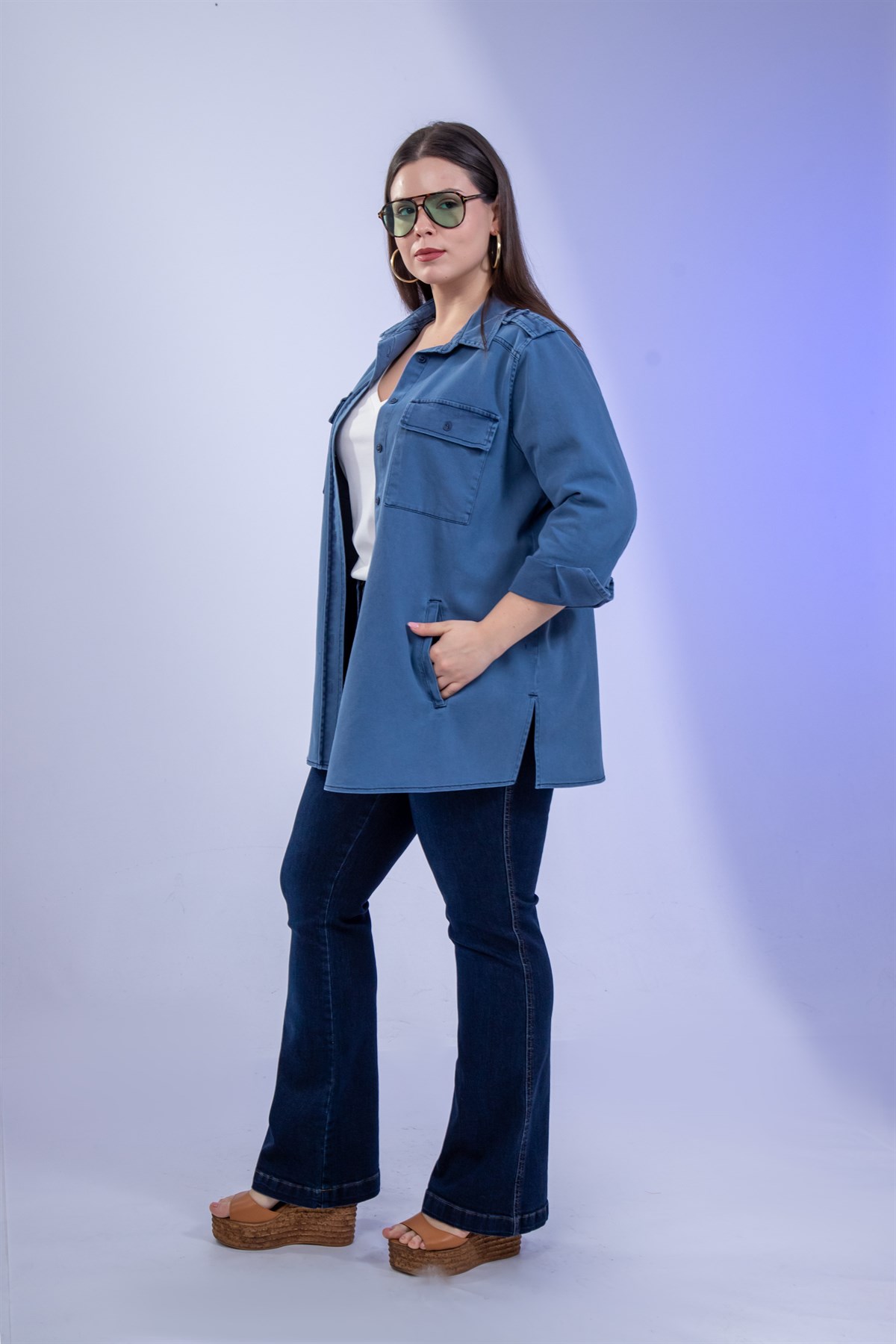Büyük Beden 3330775 Gabardin Cep Detaylı Gömlek Lacivert