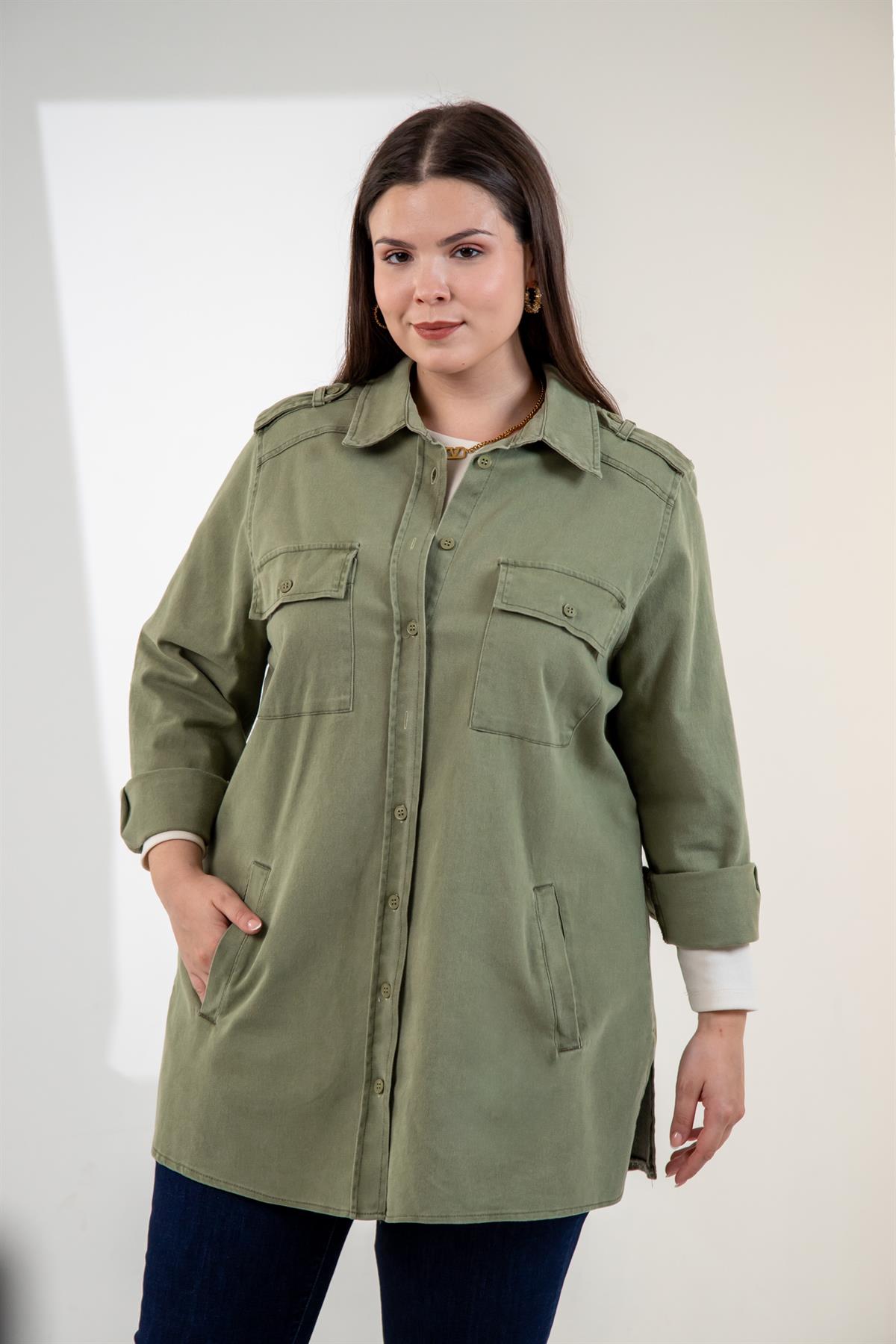 Büyük Beden 3330775 Gabardin Cep Detaylı Gömlek Haki