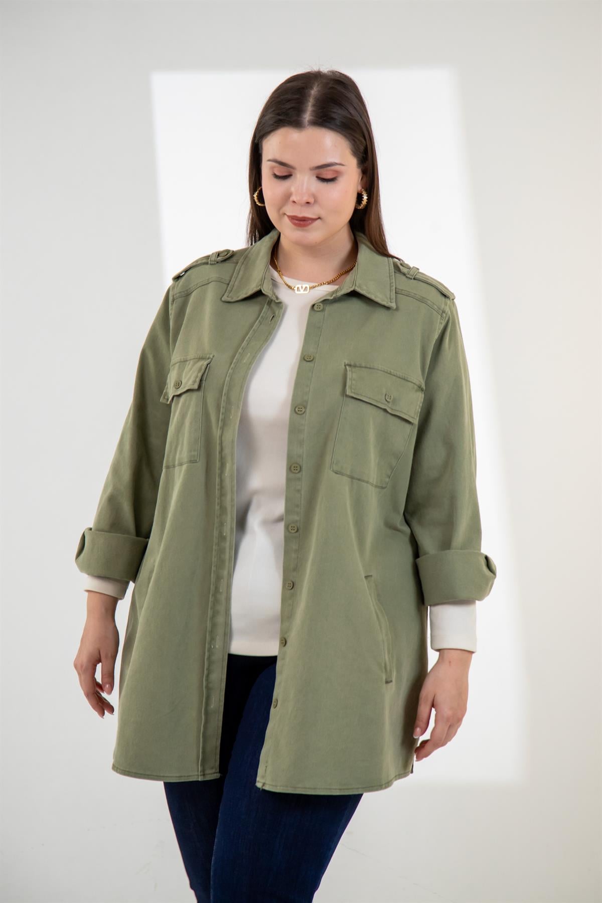 Büyük Beden 3330775 Gabardin Cep Detaylı Gömlek Haki