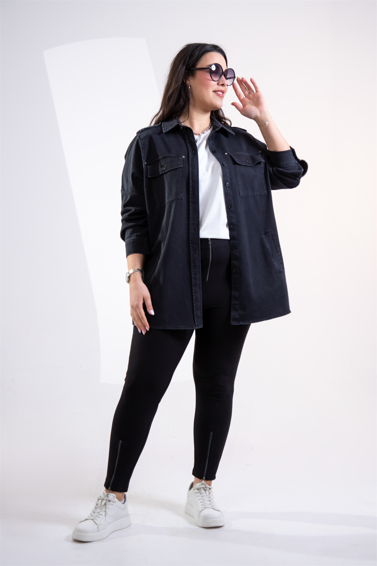 Büyük Beden 3330775 Gabardin Cep Detaylı Gömlek Siyah