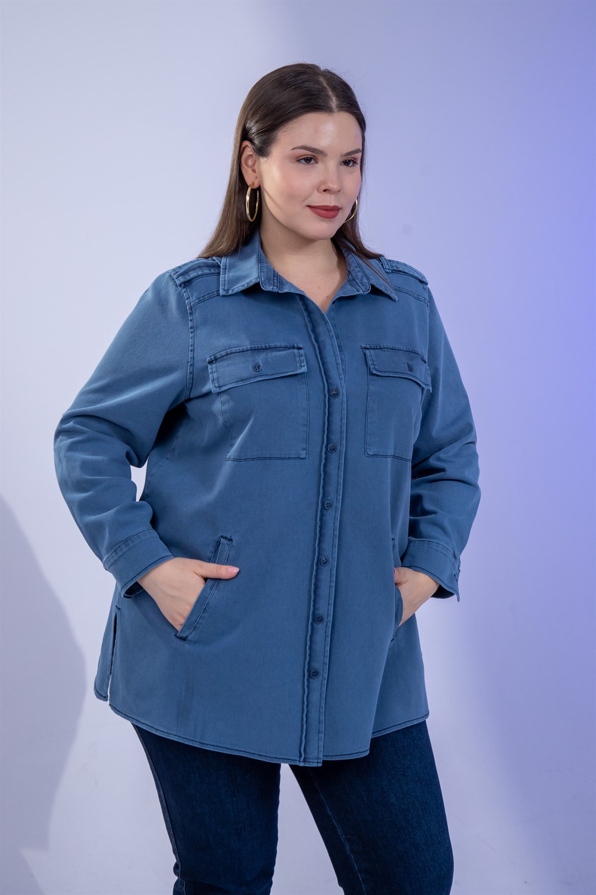 Büyük Beden 3330775 Gabardin Cep Detaylı Gömlek Lacivert