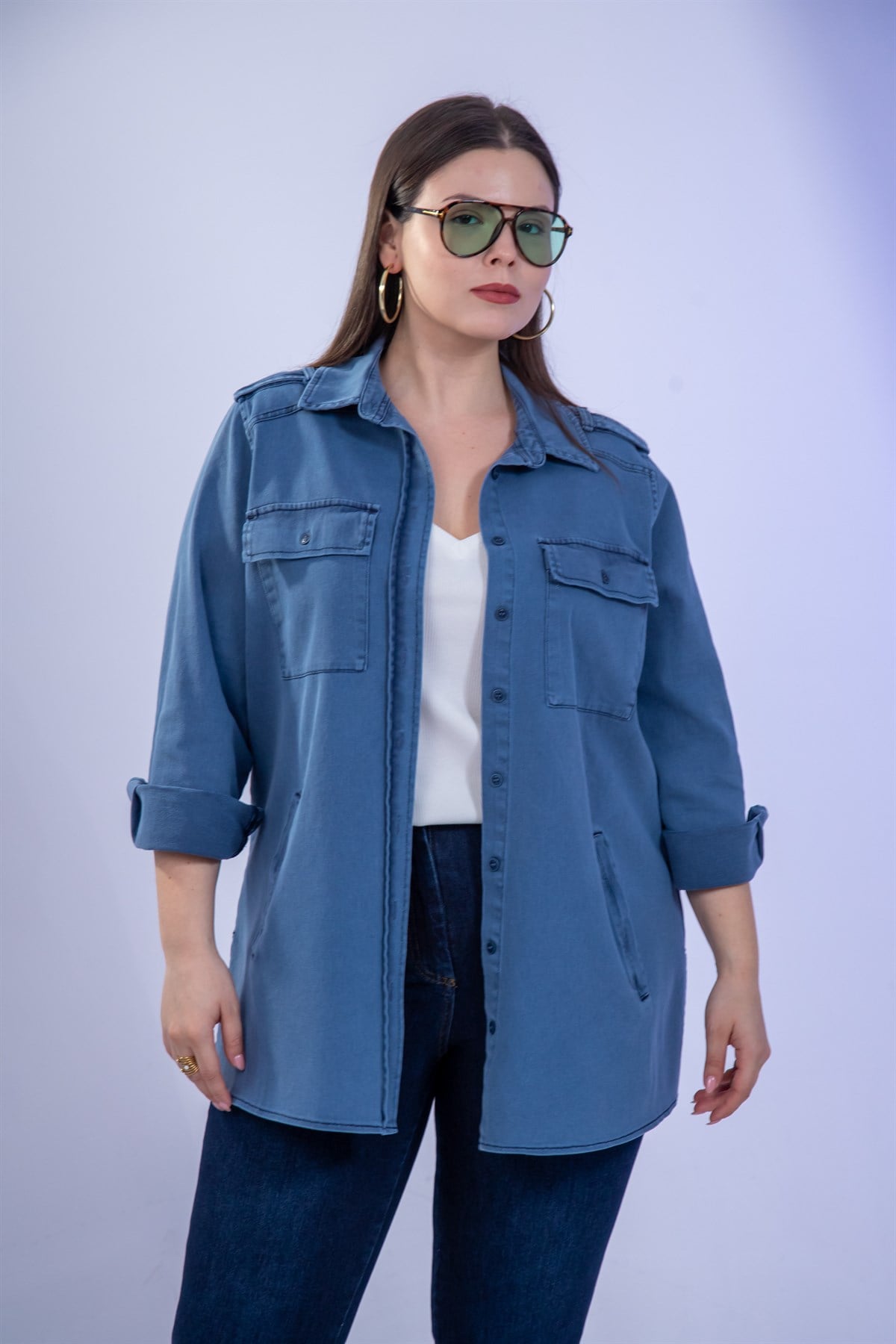 Büyük Beden 3330775 Gabardin Cep Detaylı Gömlek Lacivert